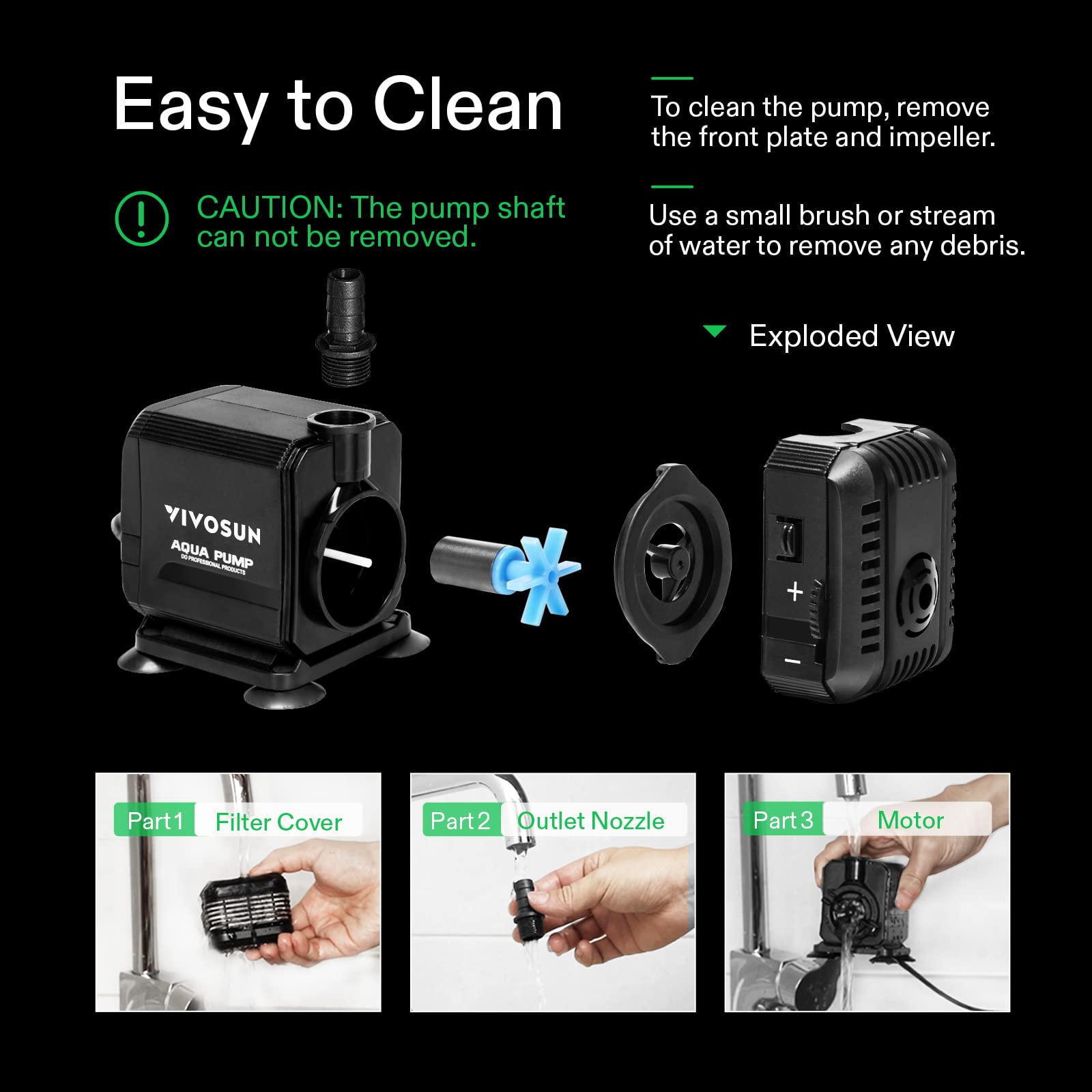 Vivosun 400Gph Submersible Pump(1500L/H, 15W), Ultra Quiet Water Pump With 5.2Ft High Lift, Fountain Pump With 5Ft Power Cord, 3 Nozzles For Fish Tank, Pond, Aquarium, Statuary, Hydroponics