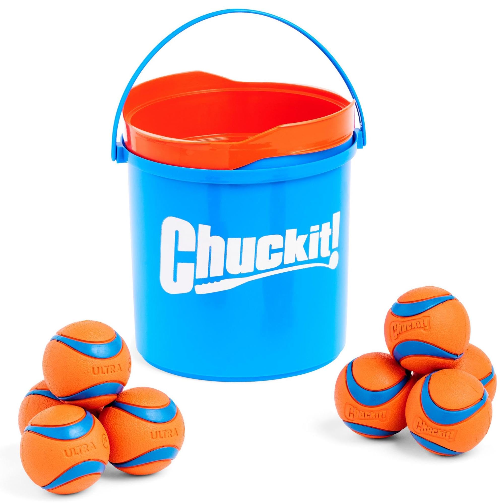 Chuckit! Ultra Ball Dog Toy With Chuckit! Cleaning Bucket Bundle, Bouncy Fetch Pet Toys For Dogs 20-60 Lbs, Interactive Dog Toys, Durable Rubber, Size Medium, 2.5-Inch Diameter, 8-Pack Of Balls