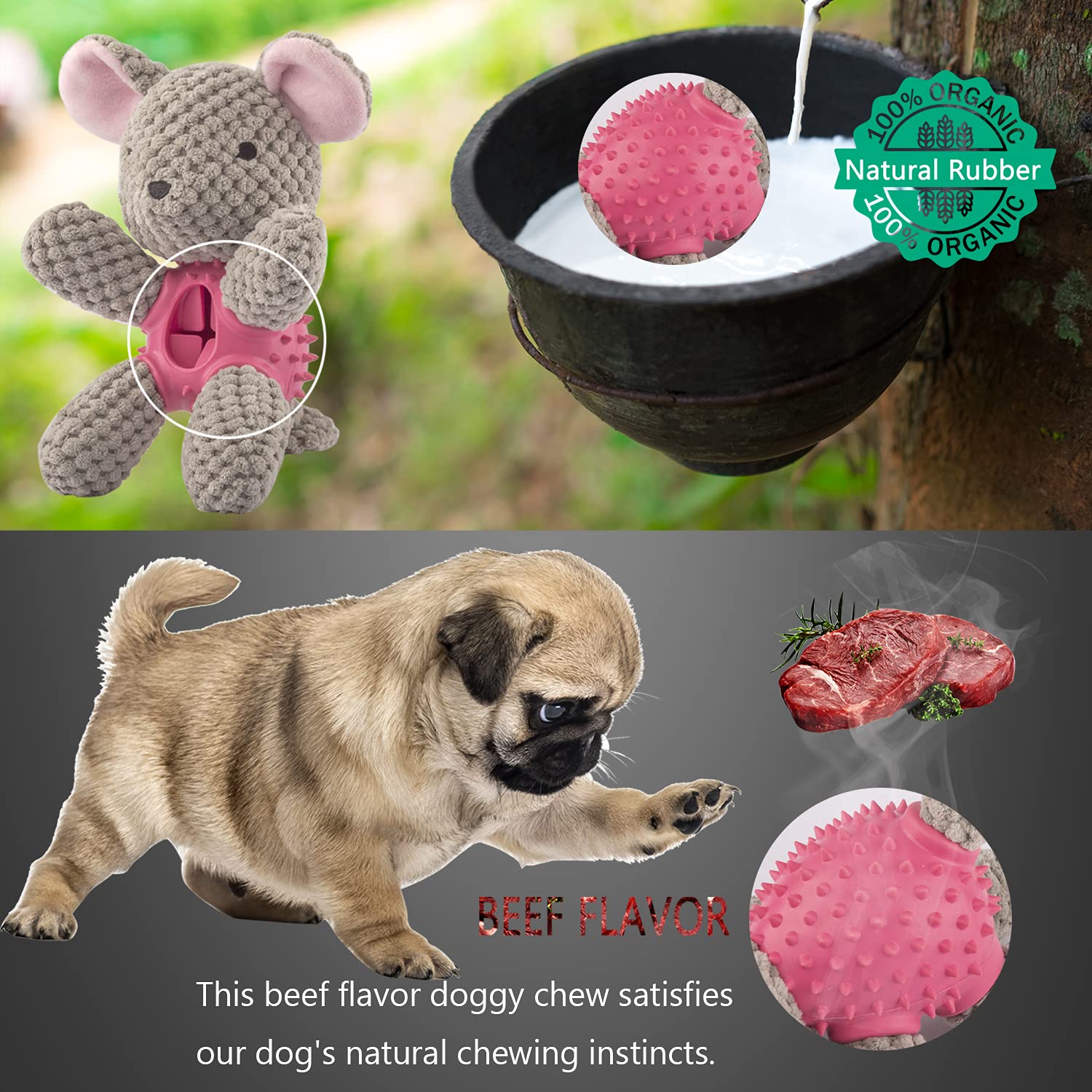 GOOLA Dog Squeaky Toys, Interactive Durable Plush Dog Toy with Squeaker and Crinkle Paper, Natural Rubber Chew Puzzle Dog Toys L
