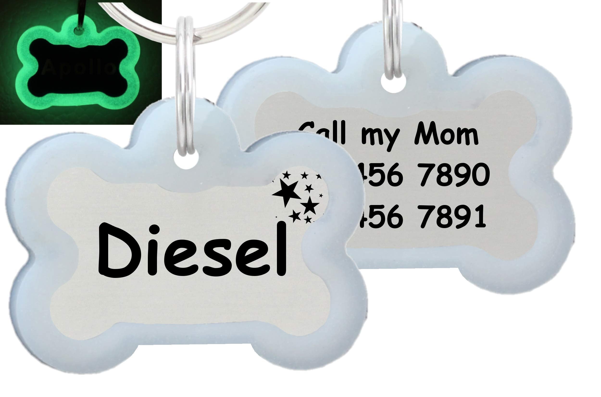 Io Tags Double Sided Laser Etched Stainless Steel Pet Id Tag For Dog Engraved And Personalized Bone Shape (Stars With Silencer)