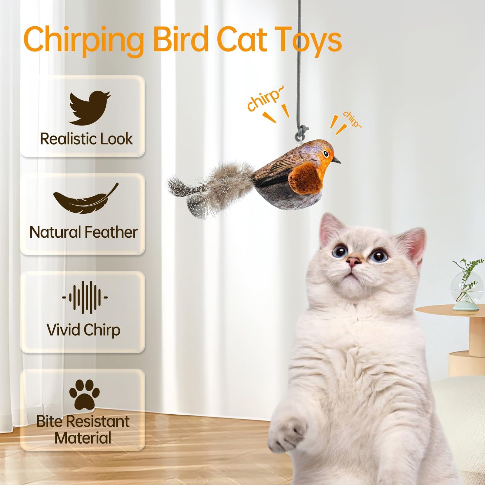 Interactive Cat Toy, Chirping Bird Cat Toy Flapping Wings, Lifelike Sparrow Interactive Sound Simulation Sparrow Feathers Hangin