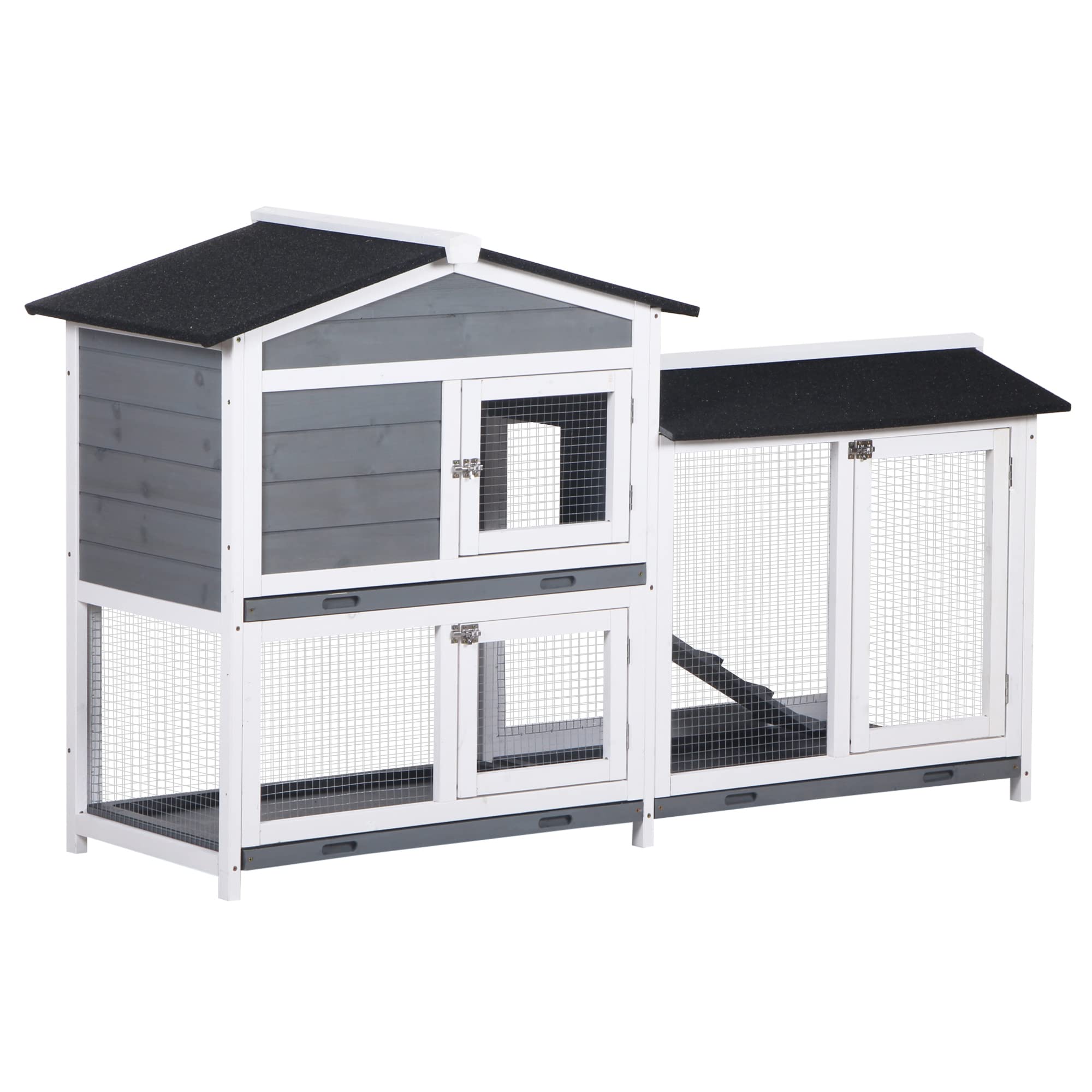Pawhut 62' Rabbit Hutch, Wooden Bunny Hutch, Guinea Pig Cage, Small Animal Enclosure With Run Area, Removable Tray, Asphalt Roo
