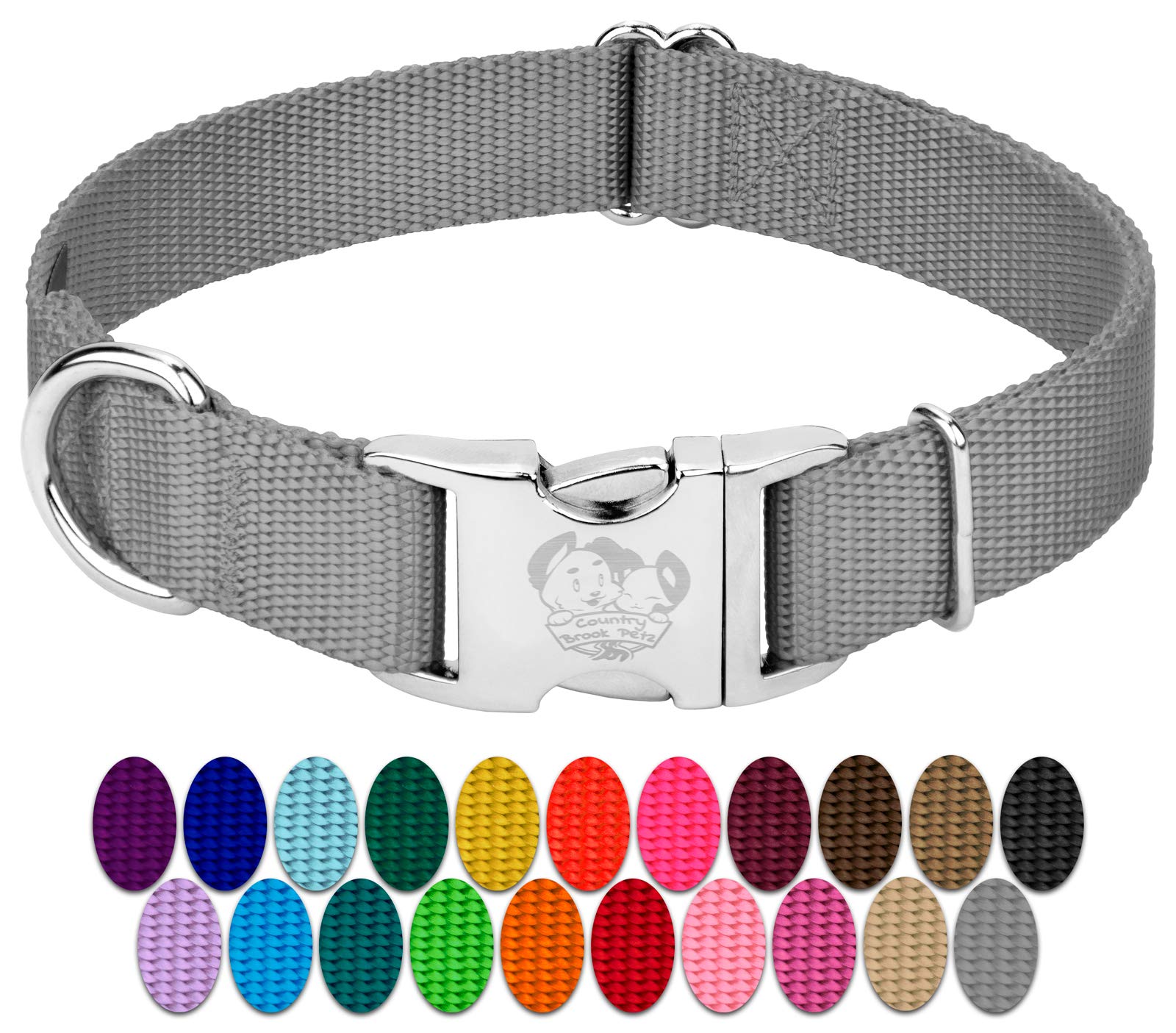 Country Brook Design - Vibrant 30+ Color Selection - Premium Nylon Dog Collar With Metal Buckle (Small, 3/4 Inch Wide, Silver)