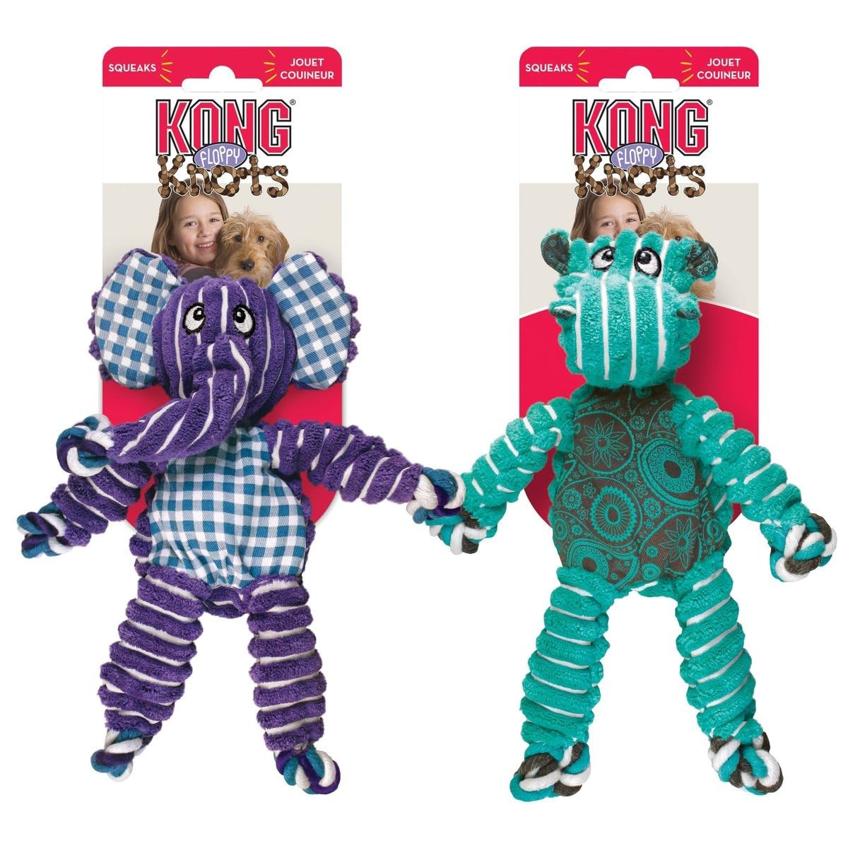 Kong Floppy Knots Combo Dog Toy - Hippo And Elephant Bundle - Interal Knotted Rope With Squeakers And Less Stuffing - Medium/Lar