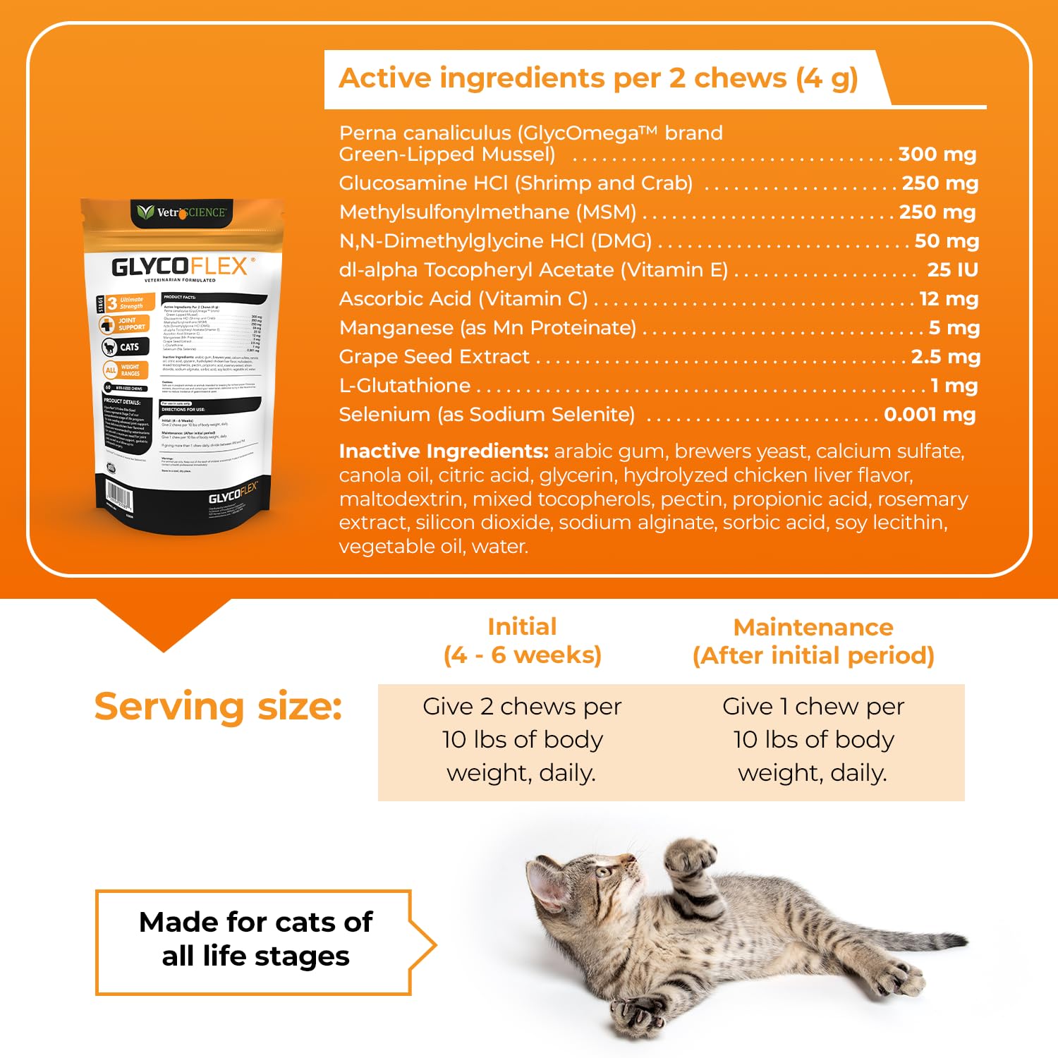 VetriScience GlycoFlex 3, Clinically Proven Joint Support Cat Supplements - Hip and Joint Health Supplement with Glucosamine, MS