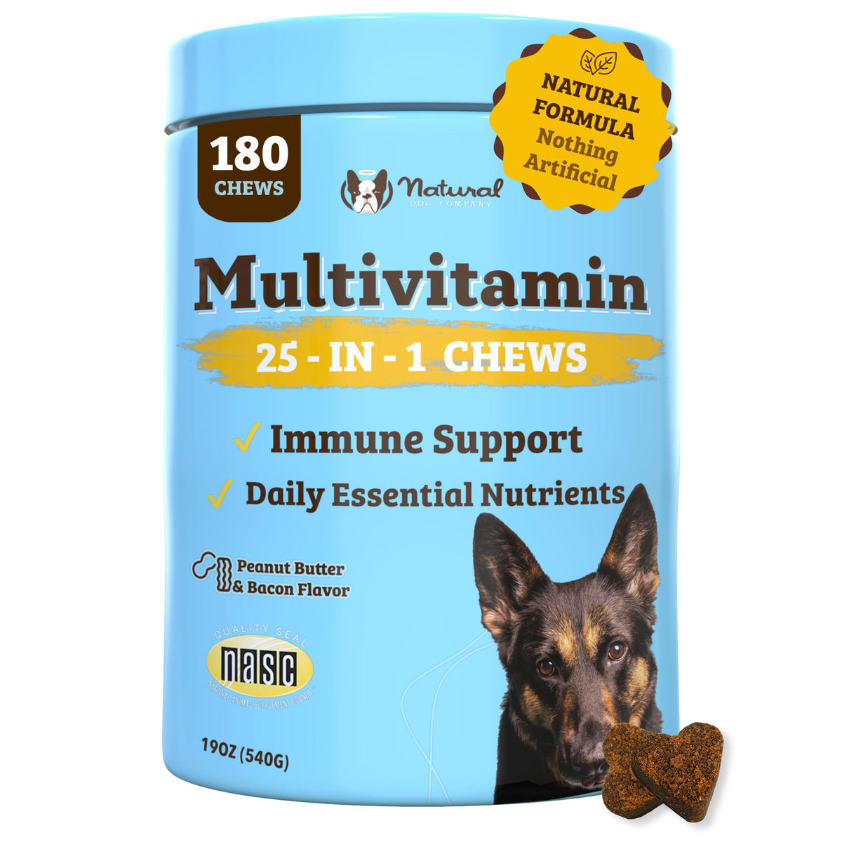 Natural Dog Company Multivitamin Chews (180 Pcs) Dog Vitamins & Supplements, Peanut Butter & Bacon Flavor, Dogs, Supports Immune System, Antioxidant, Vitaminas Para Perros, Multi Dog Families