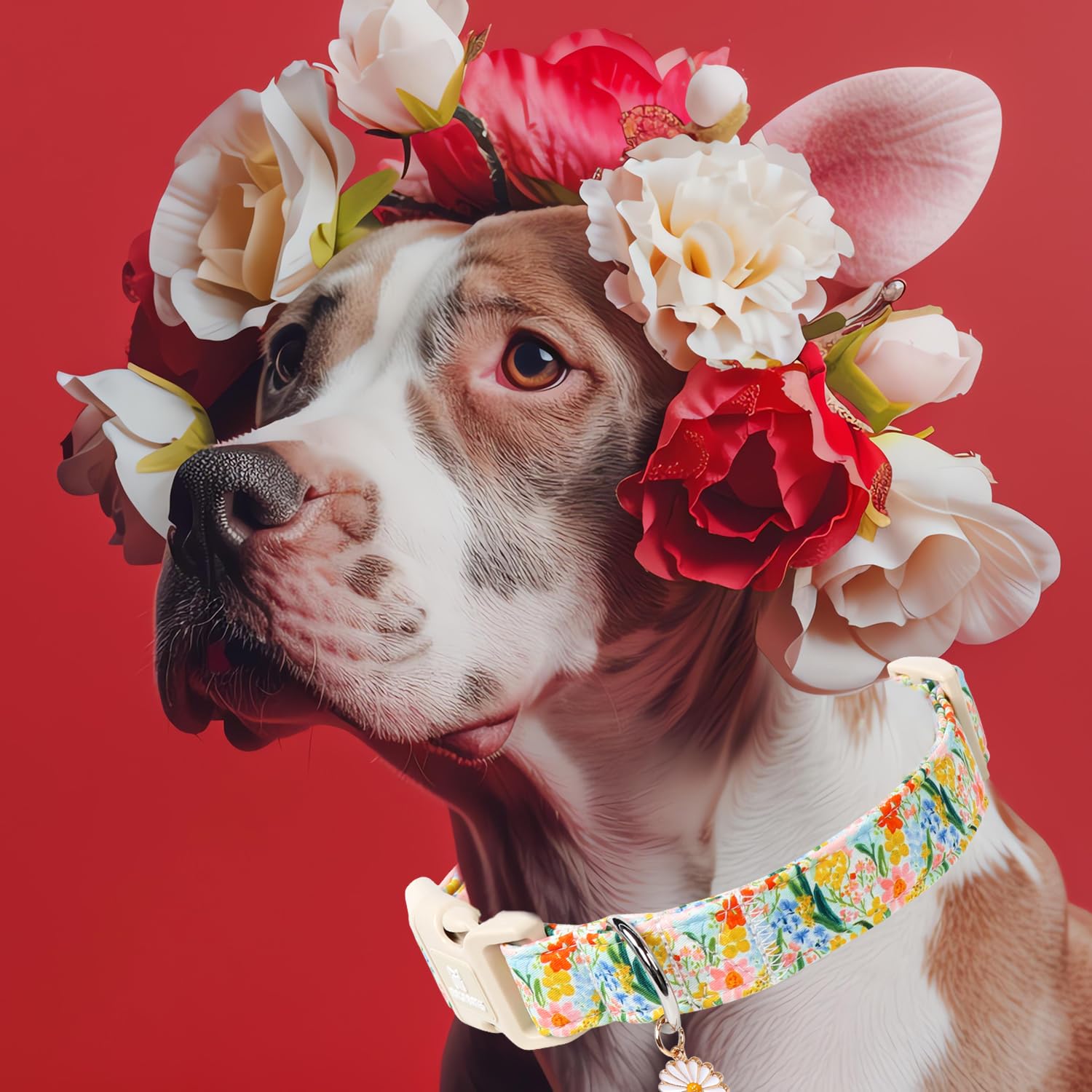 Maca Bates Spring Floral Basic Dog Collar With Pretty Flower Charm And Safety Buckle Adjustable Durable Soft Comfortable Collars