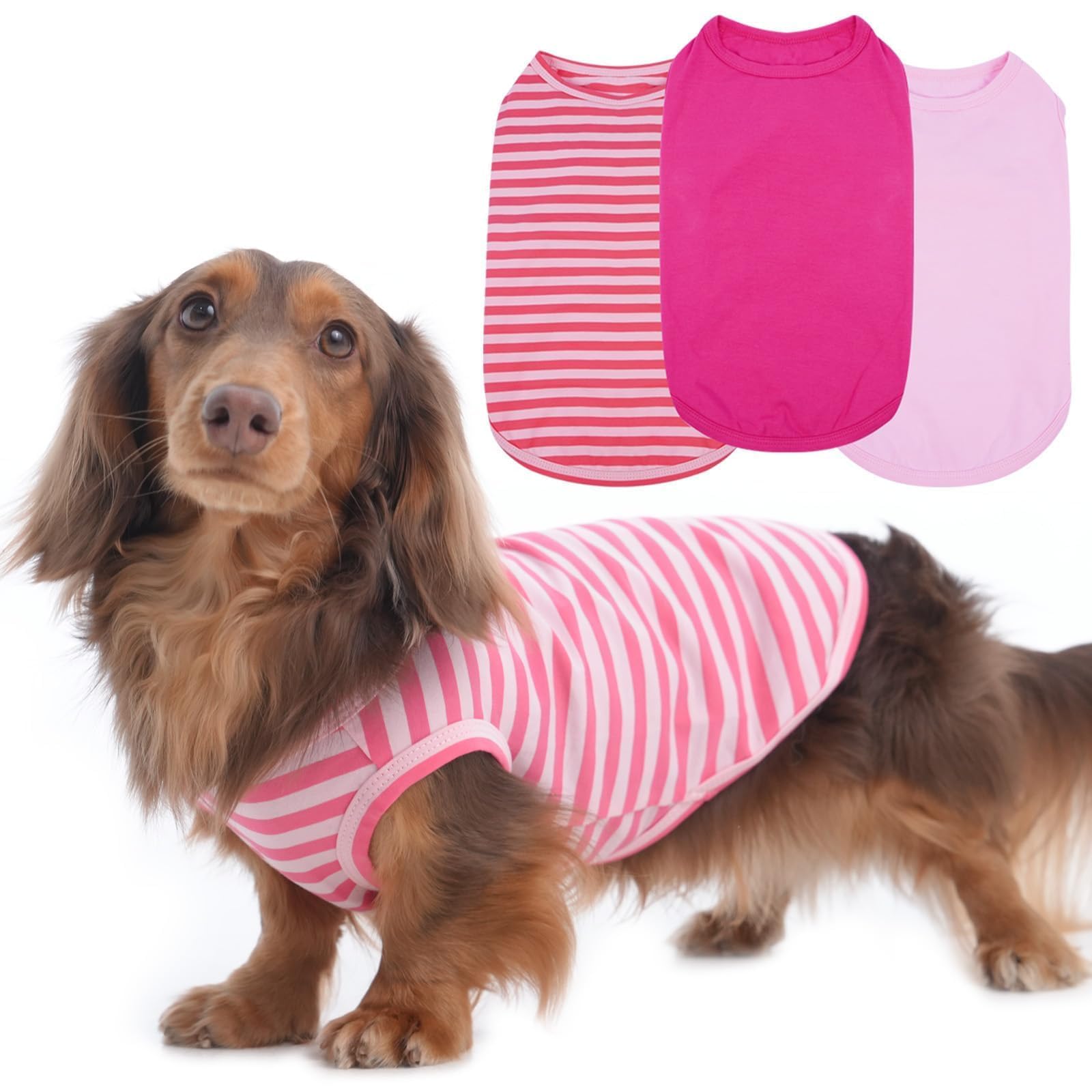 3 Pack Pink Striped Dog T Shirt For Small Dogs,Medium Sleeveless Dachshund Tee For Rainy Weather,Keep Body Heat After Runing,Lig