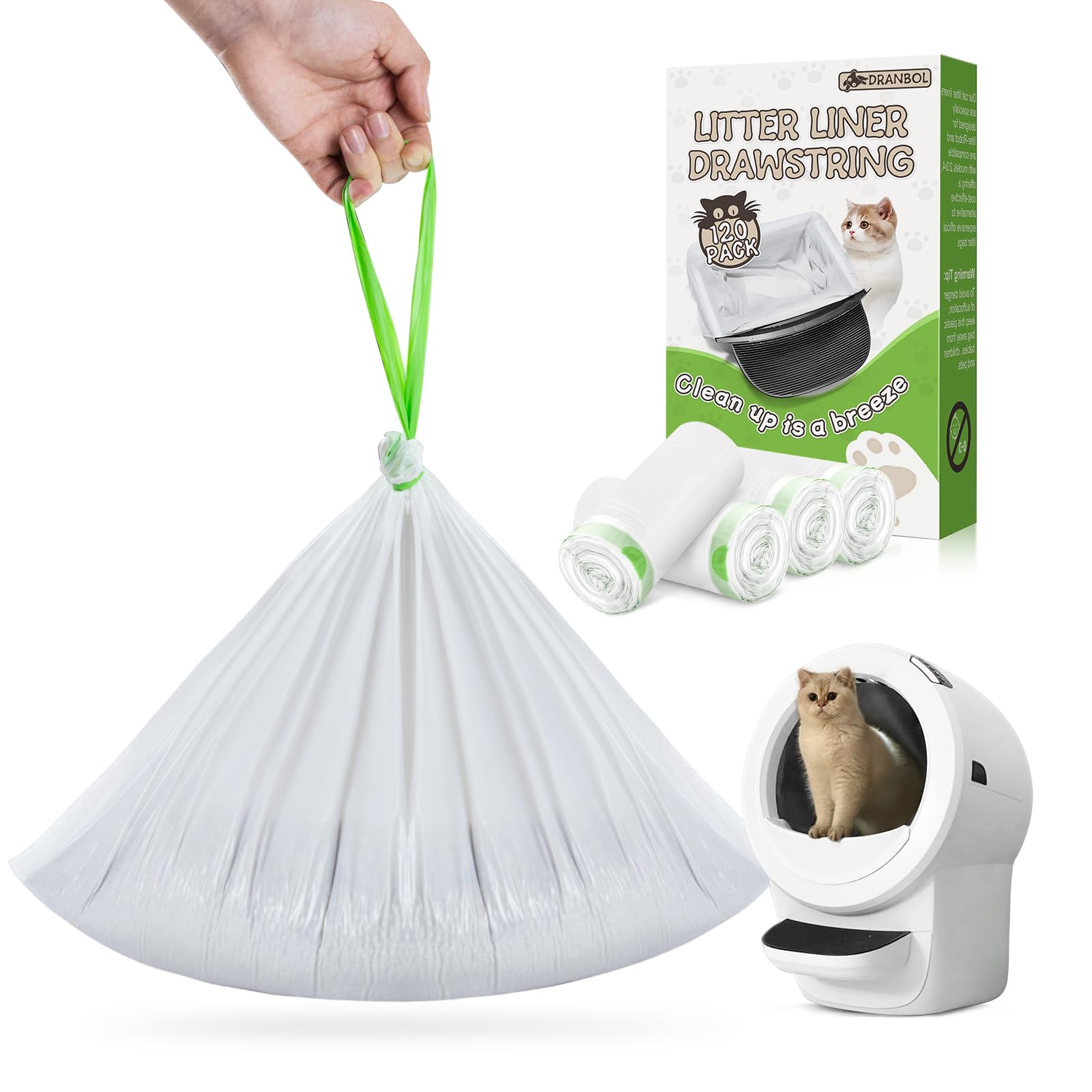 Dranbol Litter Box Liners, 120 Count Jumbo Cat Litter Bags, Easy Clean Up Thick Large Kitty Litter Liners For Litter Box, Drawst