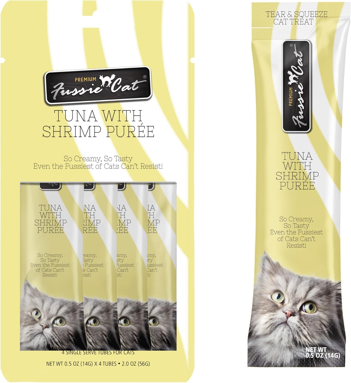 Fussie Cat Premium Puree Lickable Cat Treats in Tuna Puree, Lickable Treats, 3 Packs of 4-0.5oz Tubes,(12 Total Tubes) Variety F