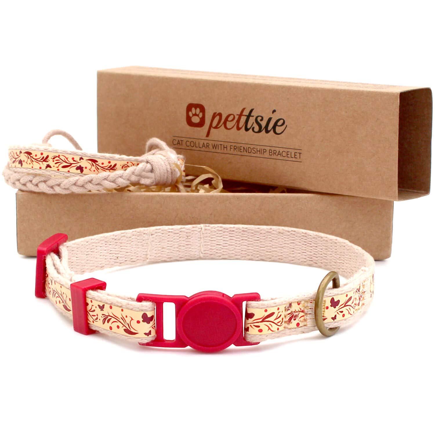 Pettsie Cat Collar Set, Breakaway Safe Buckle, Matching Friendship Bracelet, Pet-Friendly Carton Box For Kitty Lovers, Soft Cotton For Sensitive Skin, Easy Adjustable 7.5-11.5 Inches, Red