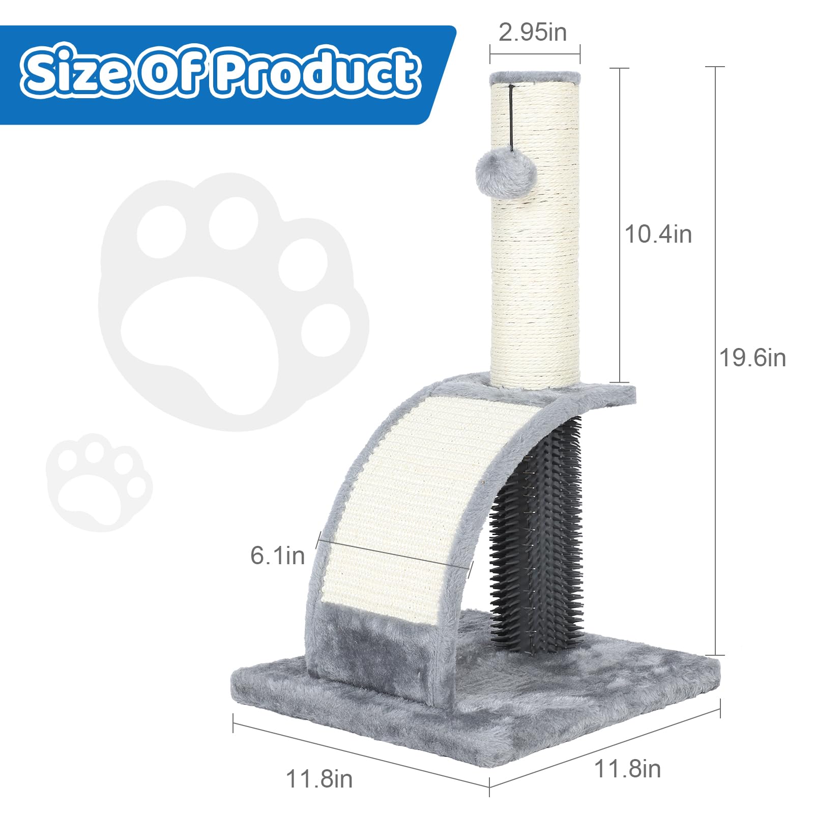 Tall Cat Scratching Post with Groomer, 19.6 Scratching Post with Wood Frame, Stable Sisal Cat Post with Extra Interactive Dangli