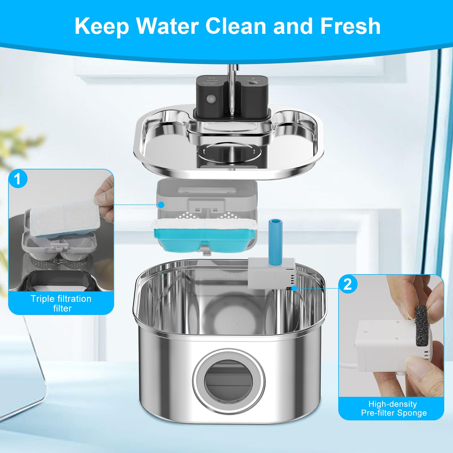 NautyPaws Cat Water Fountain Filter, 108oz/3.2L Stainless Steel, Battery Operated, Includes 6 Filters & 6 Sponges, Blue