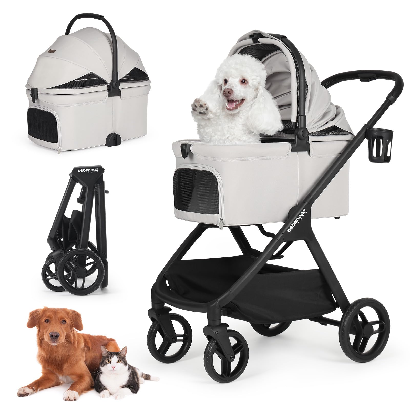 Beberoad Pets X-5 Luxury Pet Stroller For Medium Dog Under 55Lbs Or 2 Small Dogs & Cats, Foldable And Carrier -Detachable (Grey)