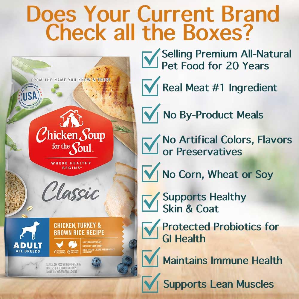 Chicken Soup For The Soul Pet Food Classic Dry Adult Dog Food, Chicken, Turkey & Brown Rice Recipe, 28 Pound Bag | Soy Free, Cor