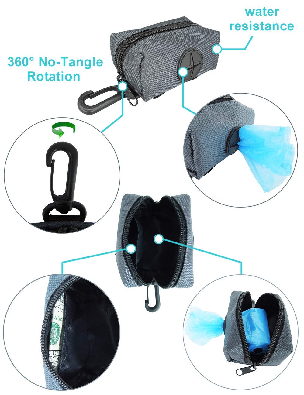 Petopt Dog Poop Bag Holder Leash Attachment,Heavy Duty Waterproof, Fits Any Dogs Running,Walking,Hiking Accessory (Dark Gray)