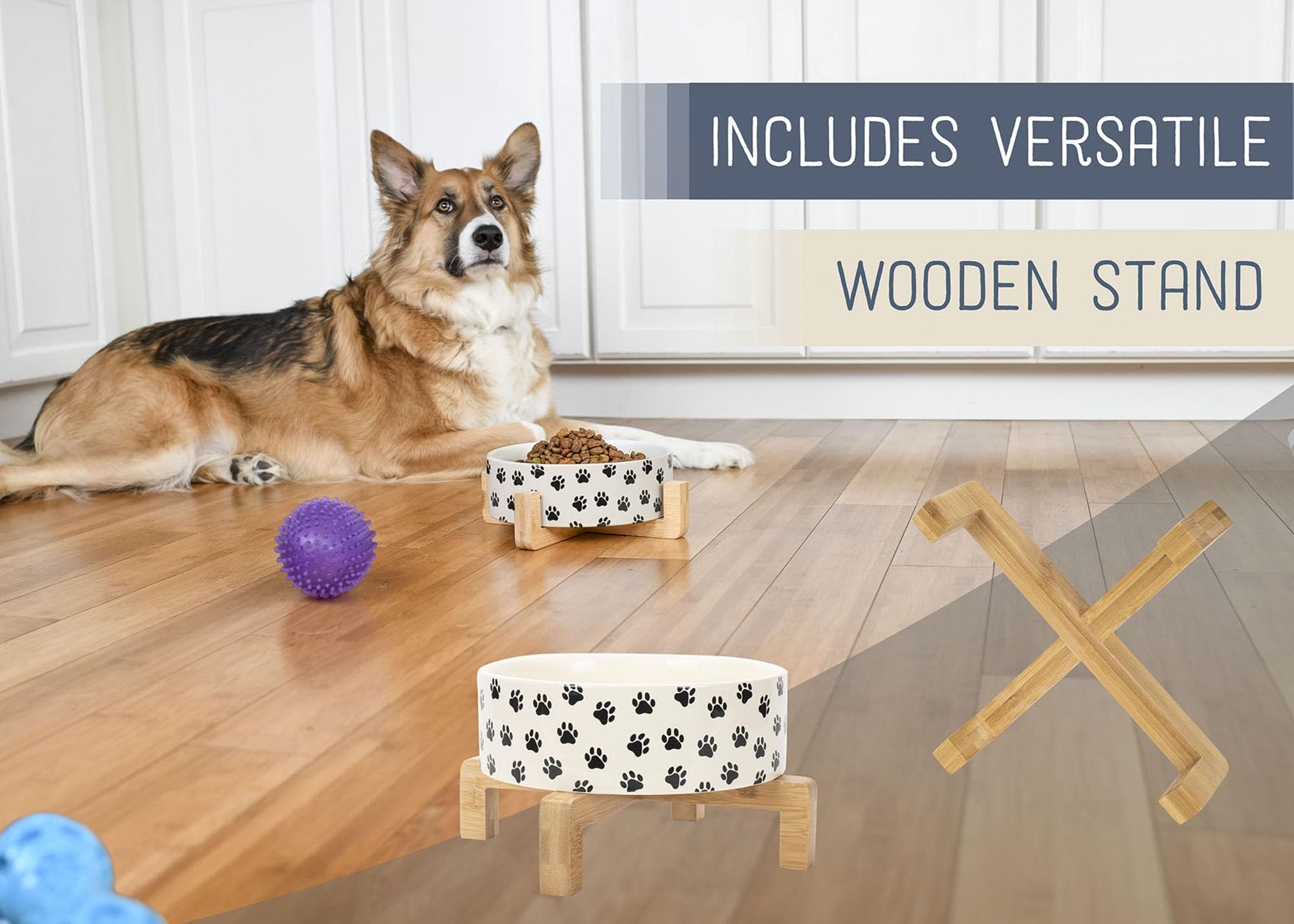 Nat & Jules Large Pawprint Black And White 8 Inch Stoneware Ceramic And Wood Pet Bowl With Stand