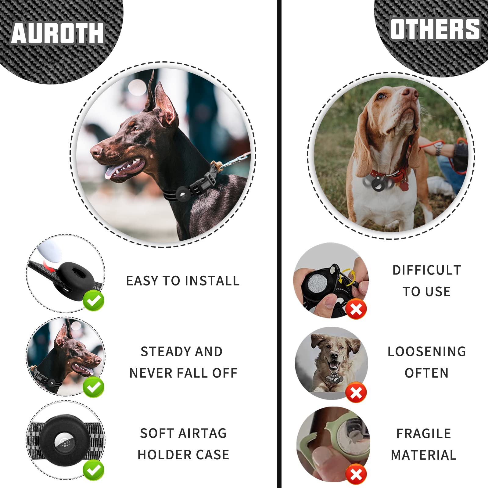 Auroth Adjustable Air Tag Dog Collar, Nylon Animal Collar For Medium Large Dogs, 360-Degree Swivel D Ring, Reflective Threads, S