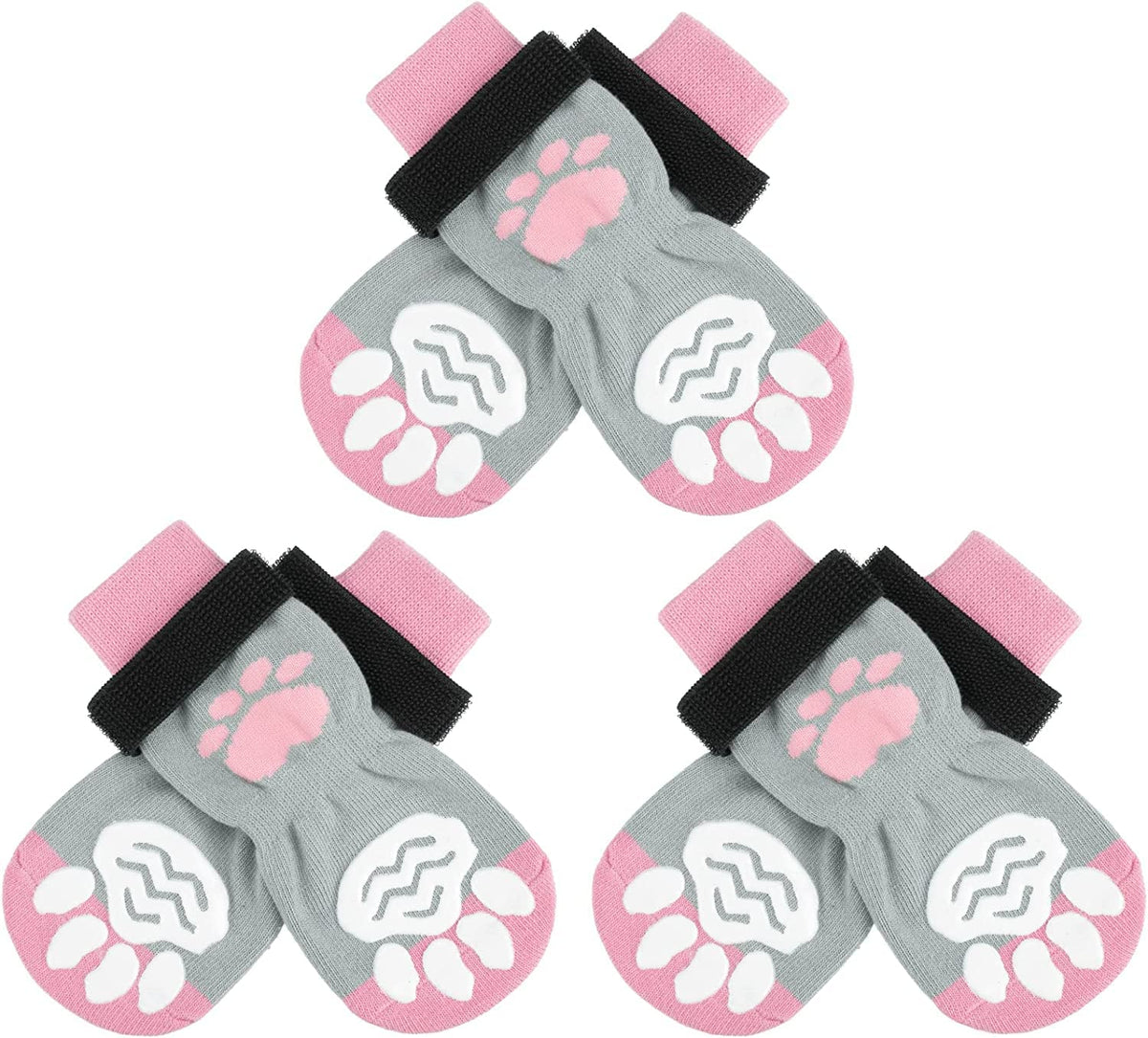 Scirokko 3 Pairs Anti-Slip Dog Socks - Adjustable Pet Non-Slip Paw Protection With Pink Paw Pattern For Puppy Doggy Indoor Traction Control Wear On Floor