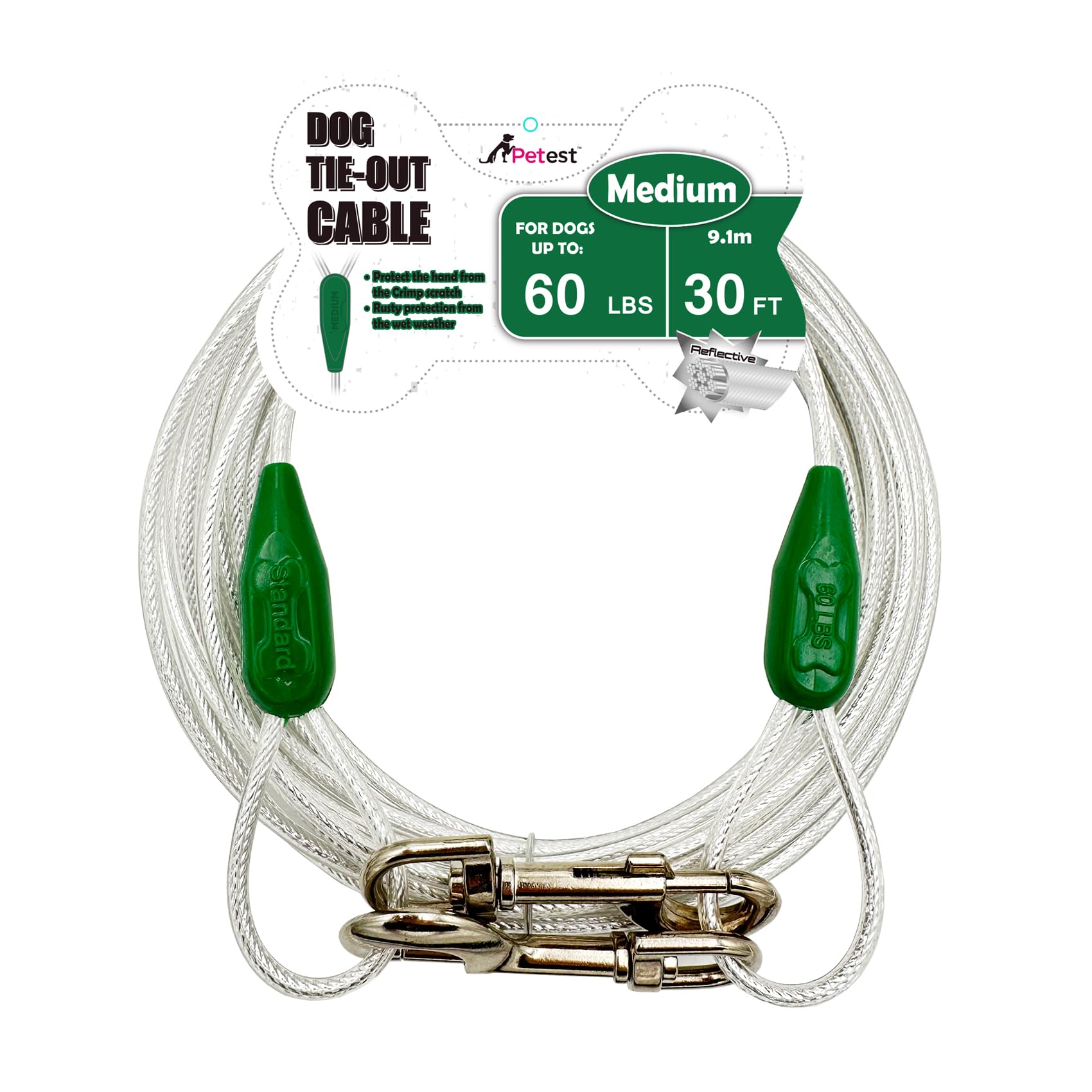 Petest 30Ft Reflective Tie-Out Cable For Medium Dogs Up To 60 Pounds