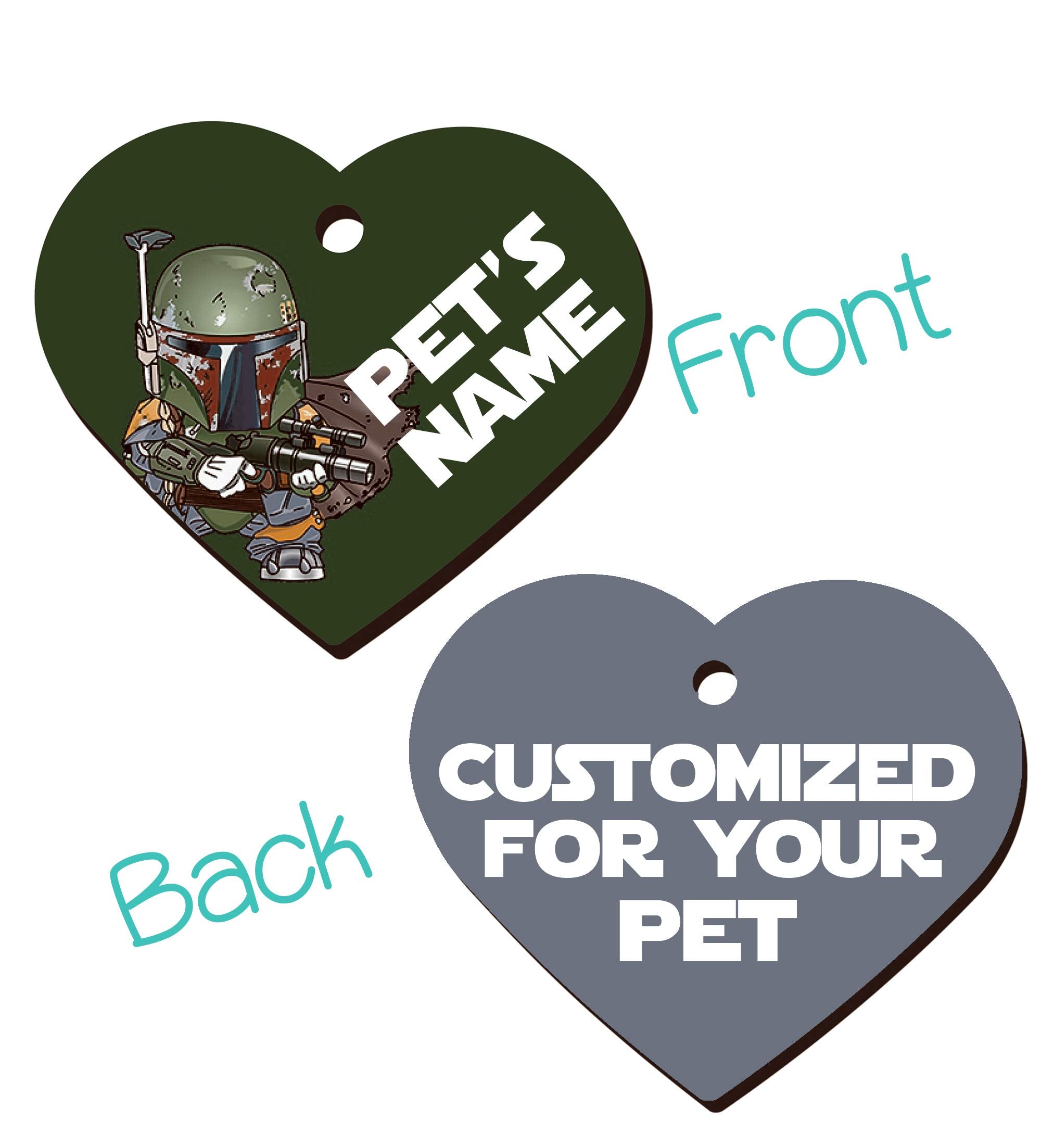 Udesignusa Double Sided Heart Shaped Personalized Pet Id Tags For Dogs & Cats (Boba Fett, Red)