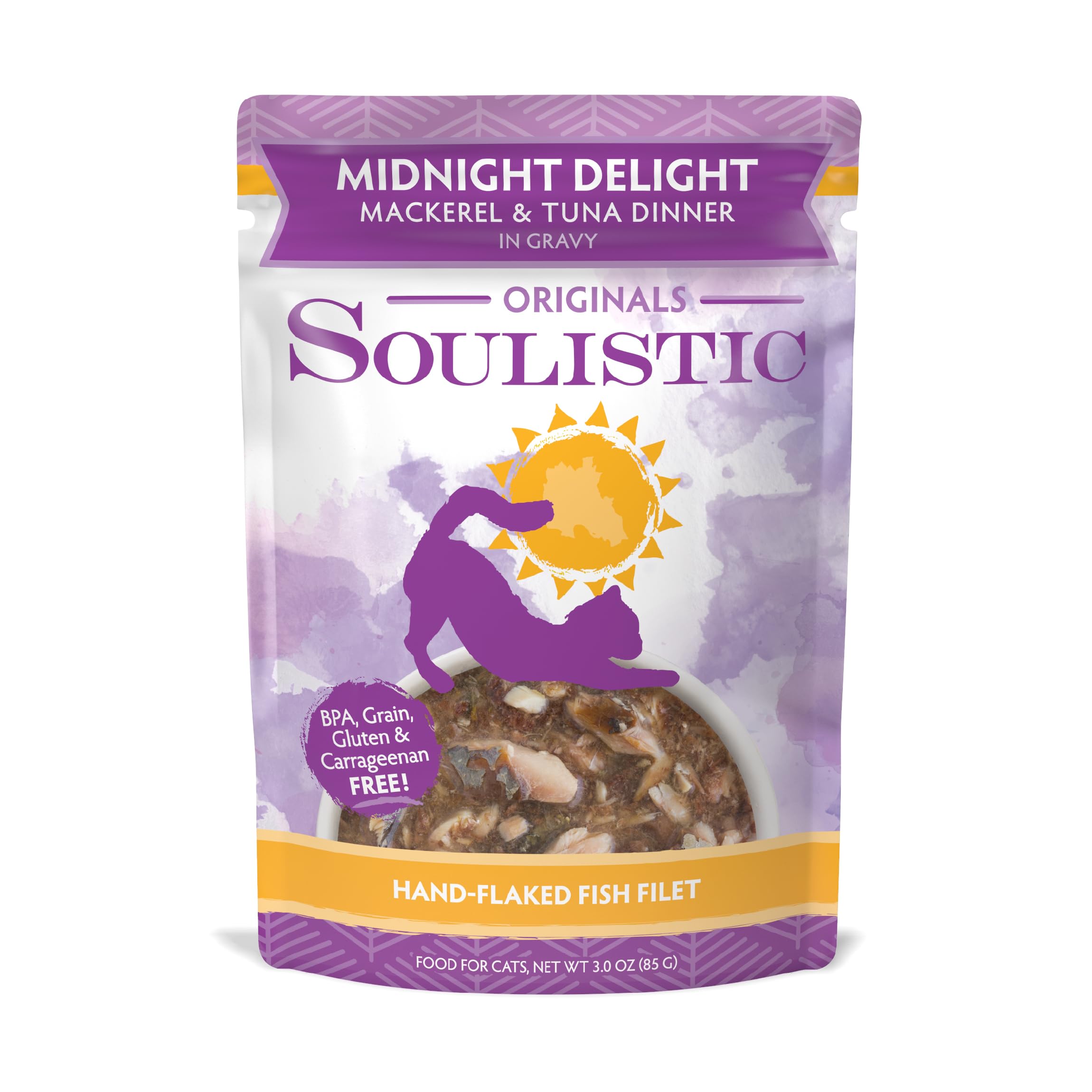 Soulistic Originals Wet Cat Food, Midnight Delight Mackerel and Tuna Dinner in Gravy, 3oz Pouch, Pack of 8
