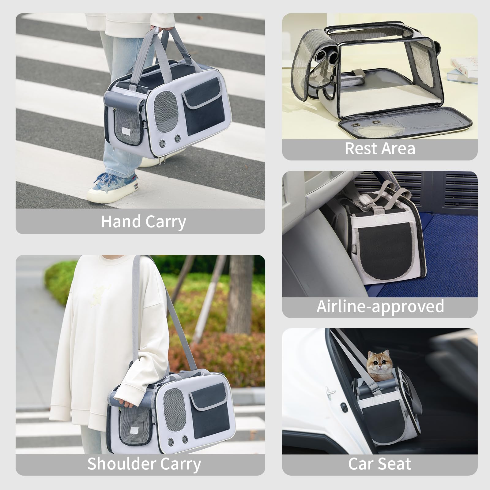 Cat, Dog Carrier For Pets Up To 17 Lbs, Soft-Sided Collapsible Pet Carrier With Sturdy Base, Roll-Up Curtain And Large Storage B