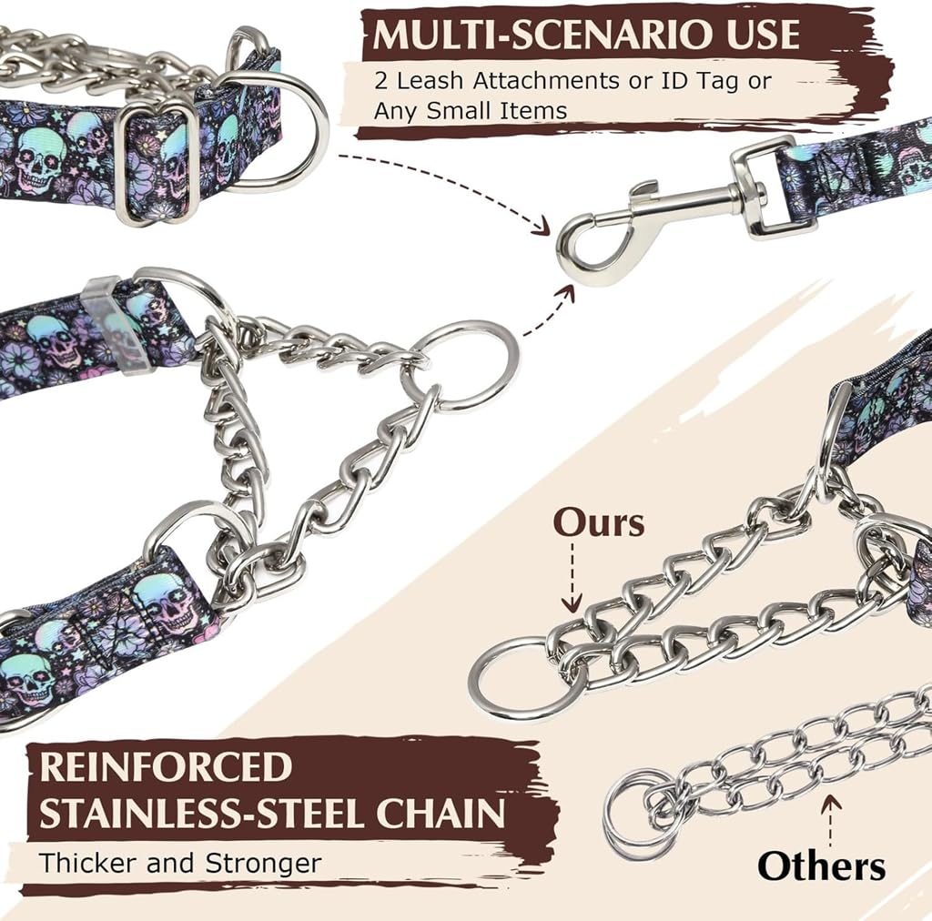 Dog No Pull Collar,Stainless Steel Chain Martingale Collar For Dogs, No Pull Slip Cinch Choker Choke Heavy Duty Dog Collars