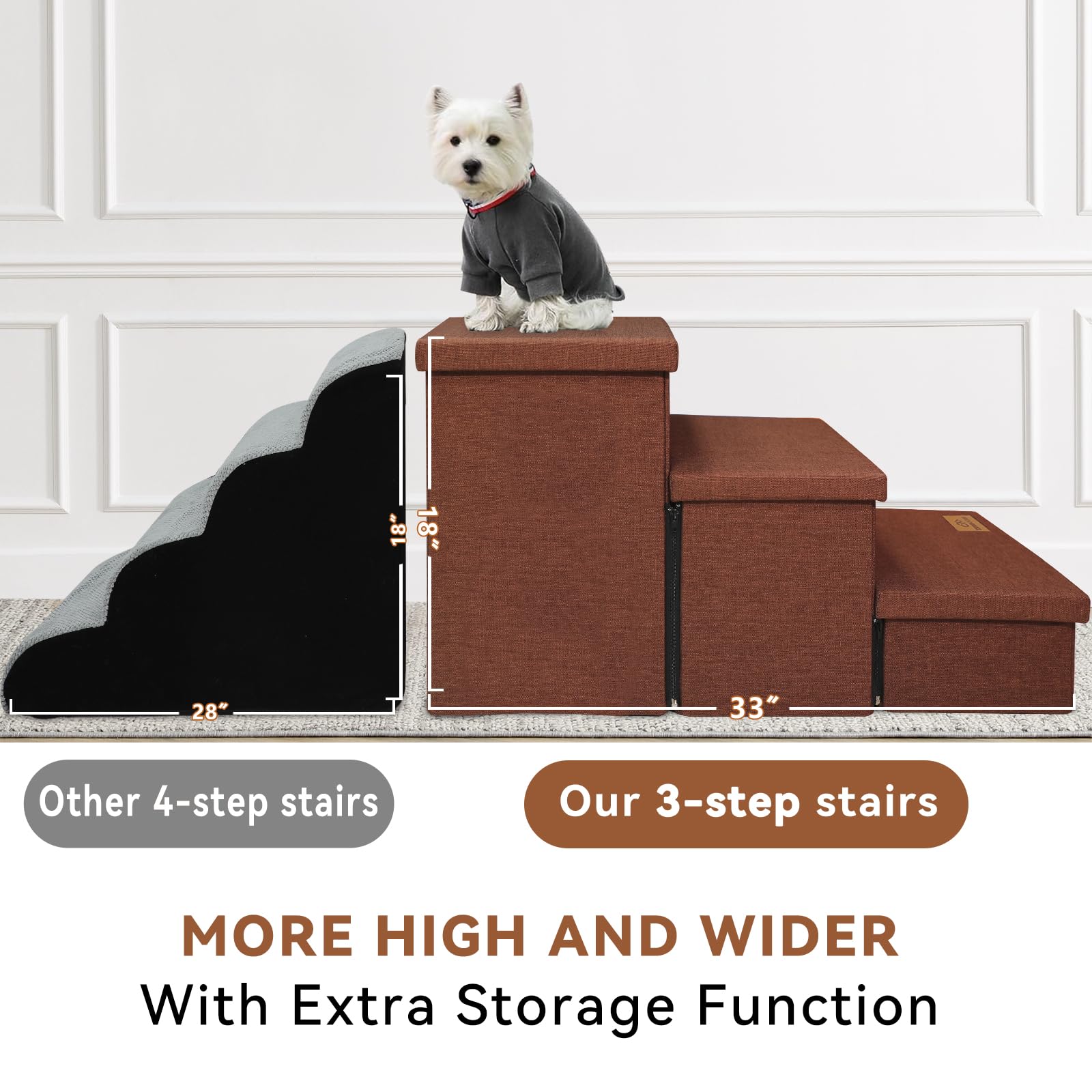 Zerbuger Dog Stairs with Storage 18  H, 3-Step Wider Dog Steps for Small/Medium/Large Old Dogs Cats, Folding Sturdy Pet Stairs C