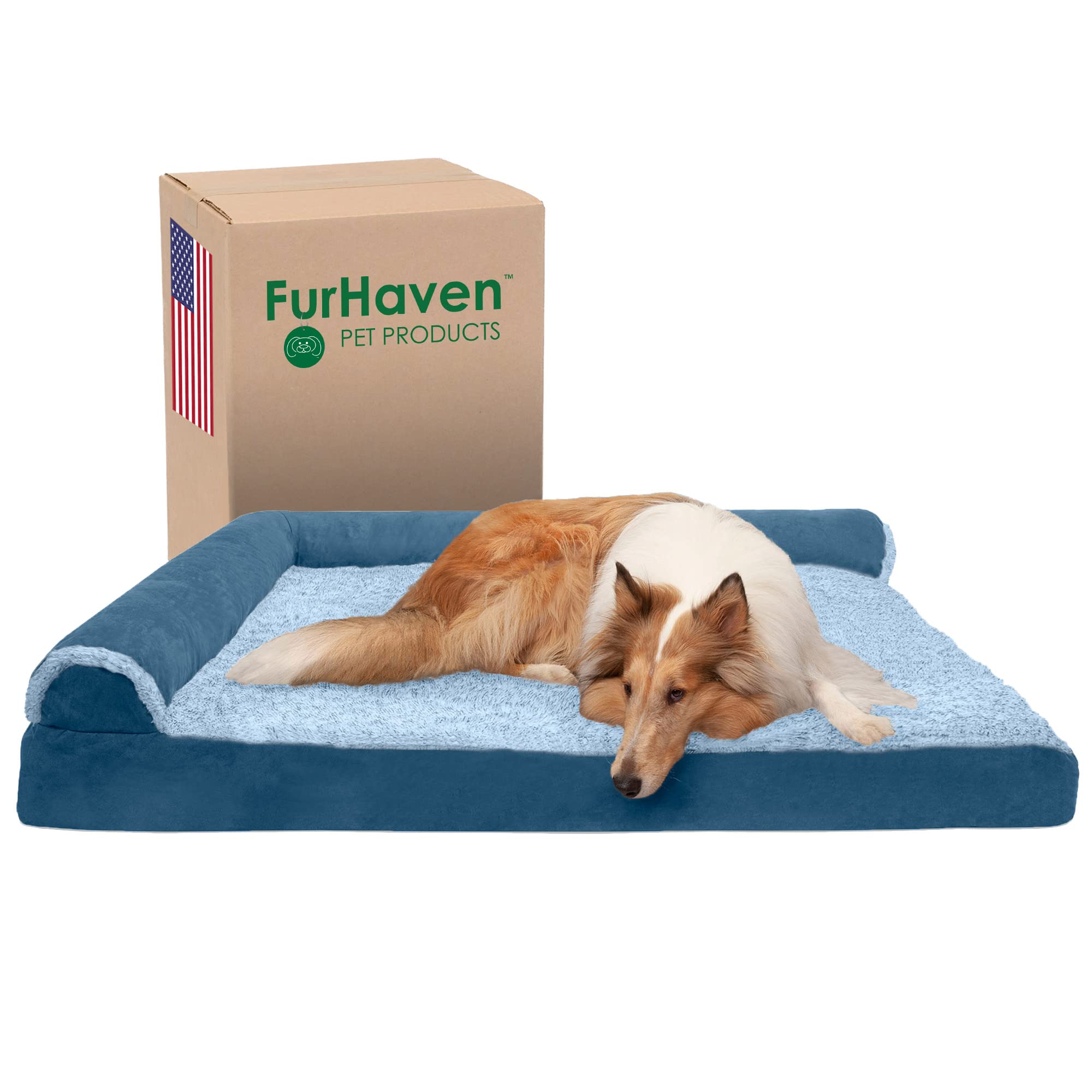 Furhaven Cooling Gel Dog Bed For Large Dogs W/ Removable Bolsters & Washable Cover, For Dogs Up To 125 Lbs - Two-Tone Plush Faux