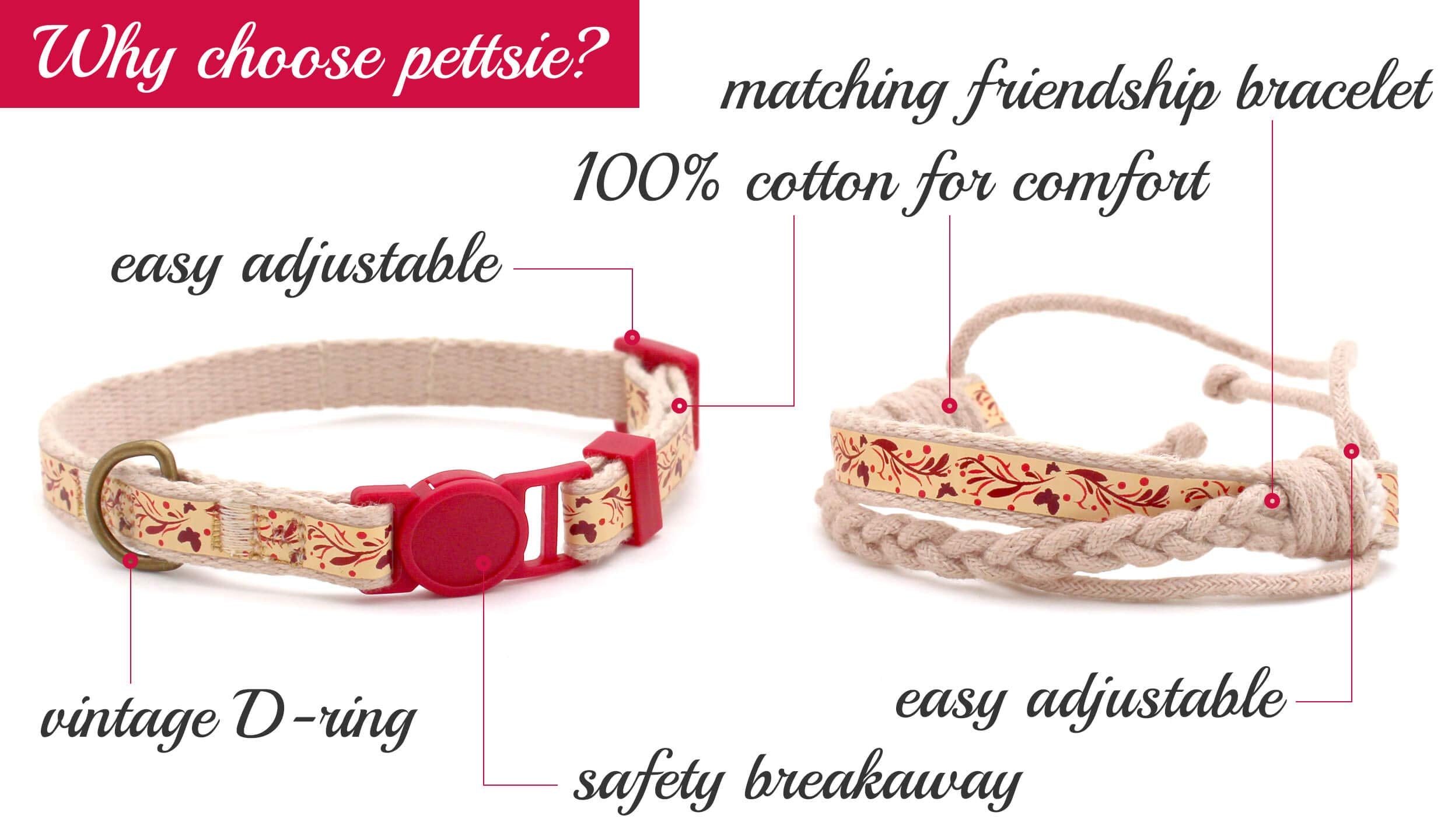 Pettsie Cat Collar Set, Breakaway Safe Buckle, Matching Friendship Bracelet, Pet-Friendly Carton Box For Kitty Lovers, Soft Cotton For Sensitive Skin, Easy Adjustable 7.5-11.5 Inches, Red