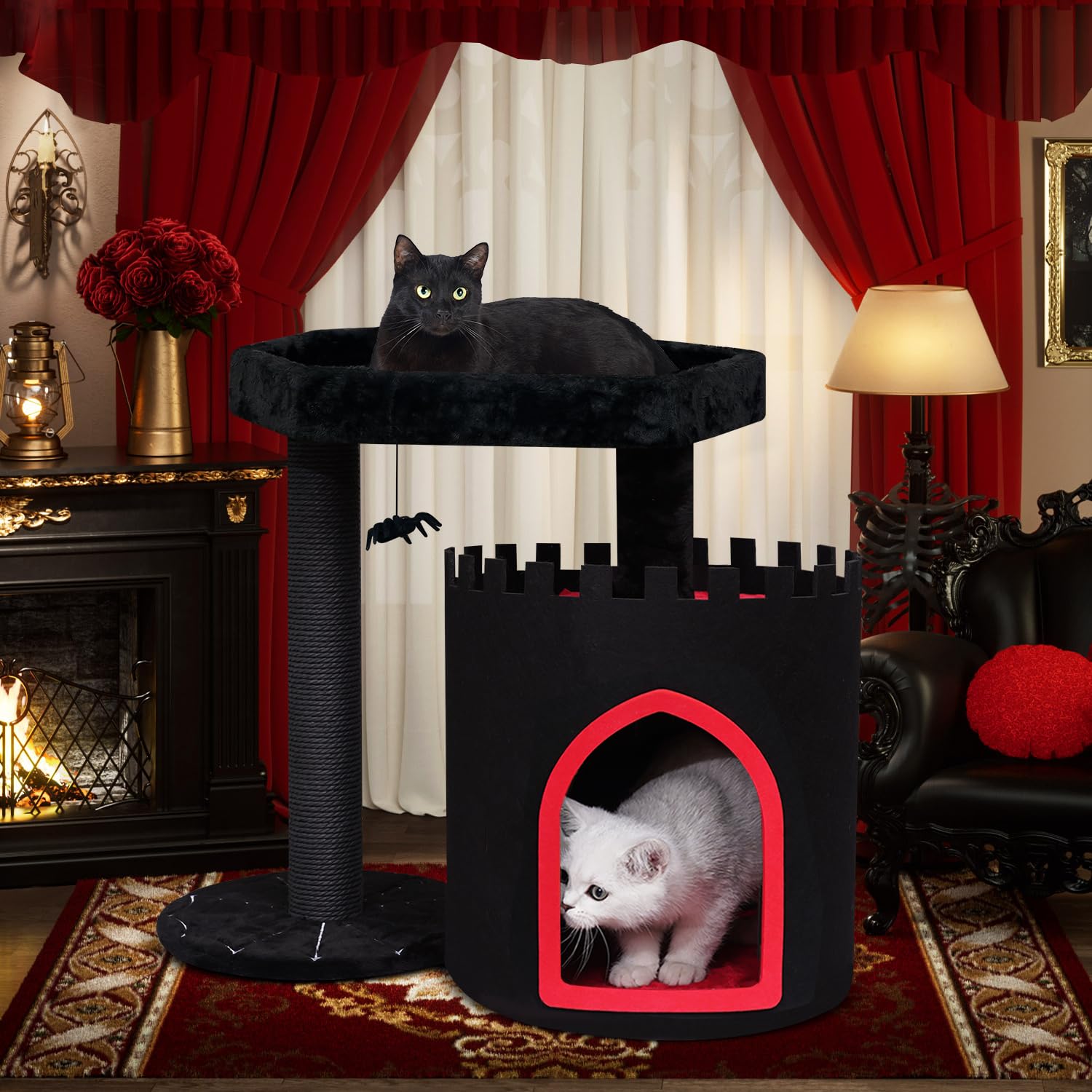 Yaruomy Gothic Cat Tree Castle, Black Cat Tower With Coffin Cat Bed, Spacious Cat Condo For Halloween Cat, Kraft Twine Scratchin