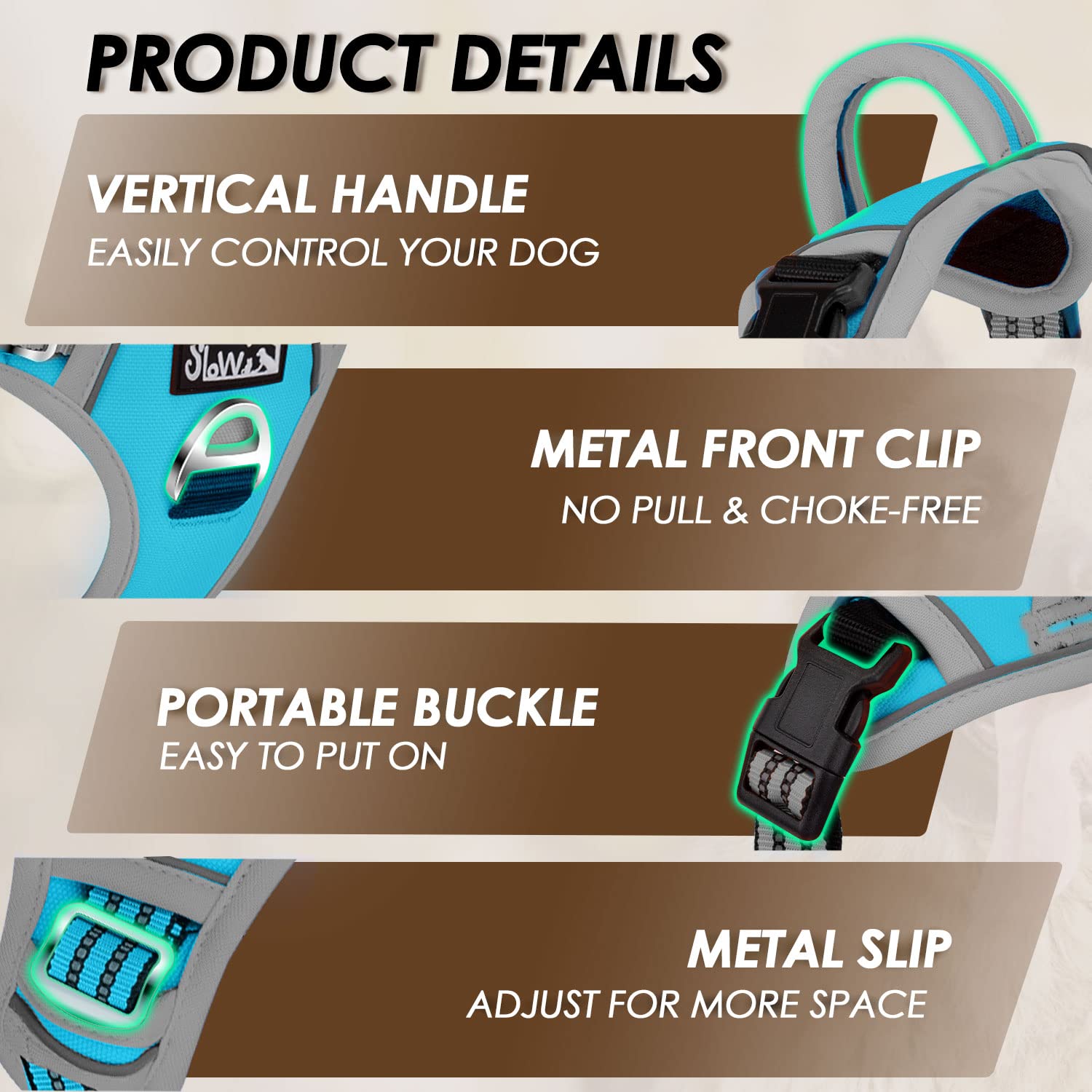 Slowton No Pull Dog Harness, No Choke Pet Harness With 2 Leash Clips And Easy Control Vertical Handle, Adjustable Soft Padded Do