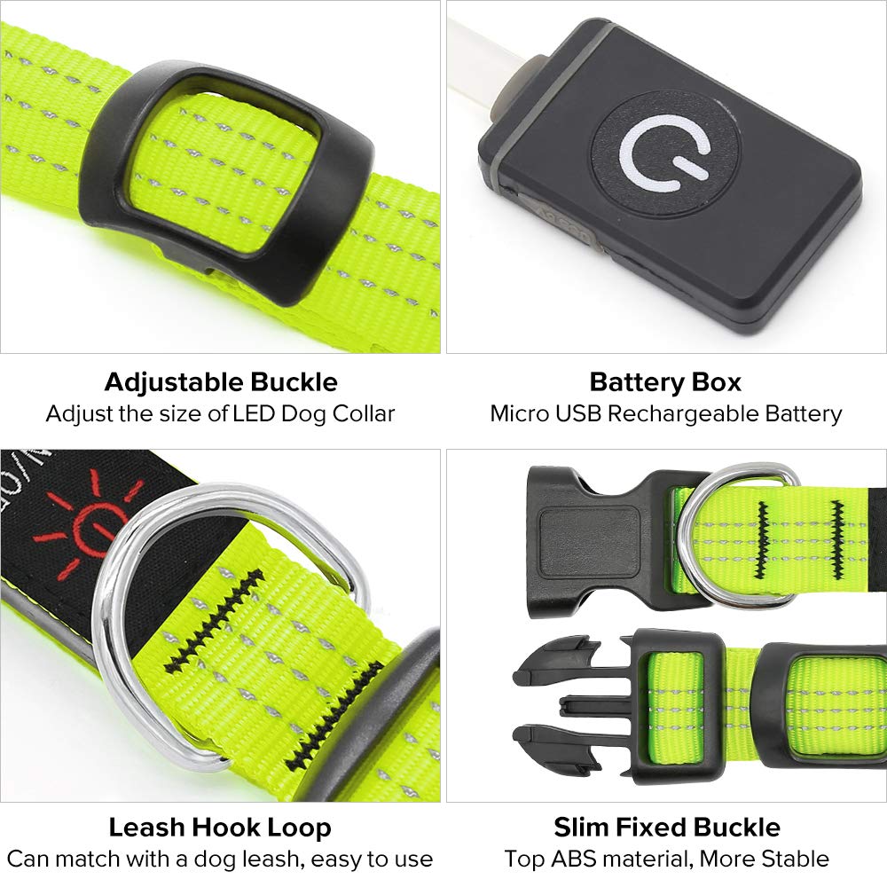 Illumifun Led Dog Collar, Nylon Reflective Light Up Dog Collar, Usb Rechargeable Pet Safety Collar Glow In The Dark (Greenⅲ, Small)