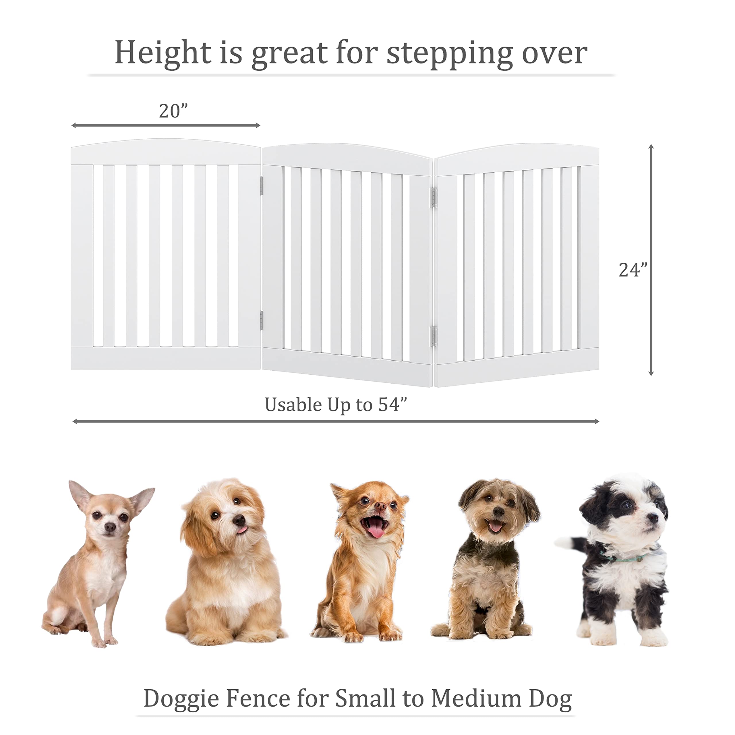 PAWLAND Wooden Foldable Pet Gate for Dogs - 24 Height, 3 Panels, Freestanding Step Over Fence, Extra Wide, White