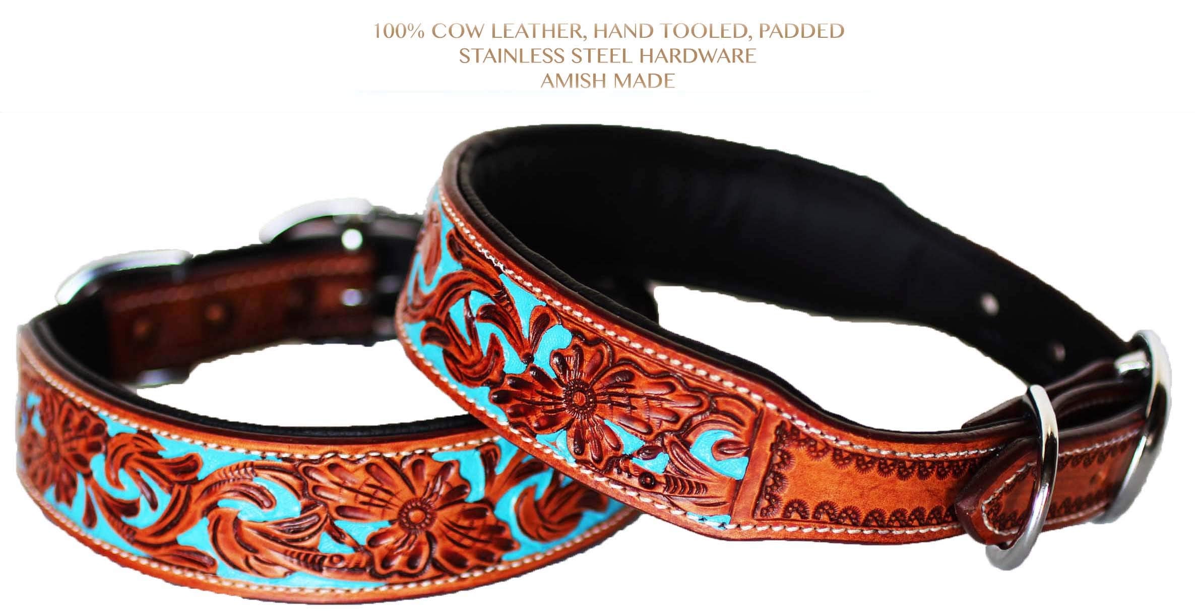 Medium 17''- 21'' Dog Puppy Collar Hand Tooled And Painted Cow Leather Western 6047