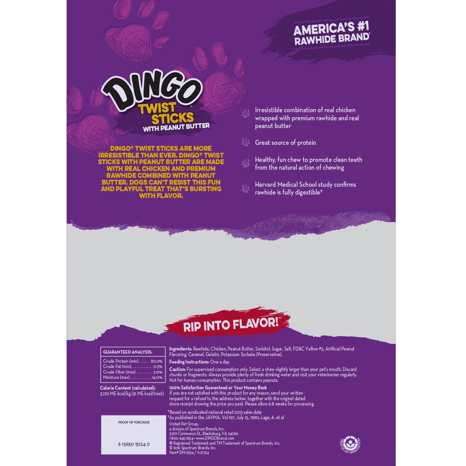 Dingo Twist Sticks with Peanut Butter, Rawhide Chew, 25-Count