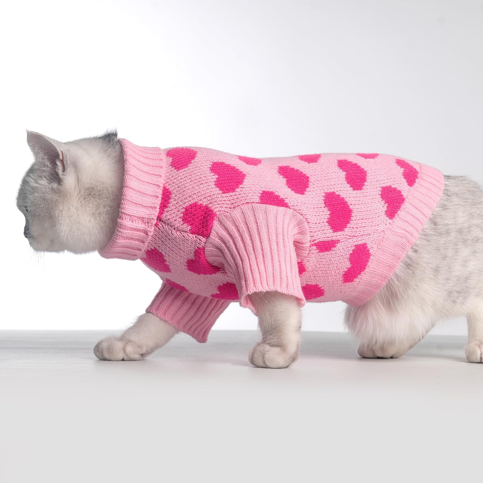 Kooltail Cat Sweater Turtleneck- Soft Pink Knit Cat Sweaters For Cats Only, Heart Love Pattern Thick Warm Cold Weather Clothes,