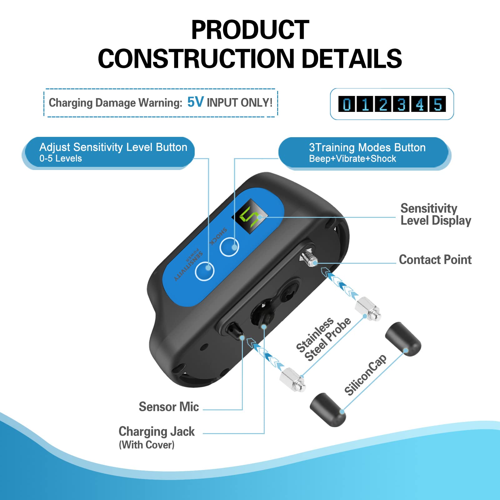 Rechargeable Dog Bark Collar With Beep Vibration And Shock,Anti Barking Collar For Small Medium Large Dogs, Humane Dog Training Device With 5 Adjustable Sensitivity Levels (Blue)