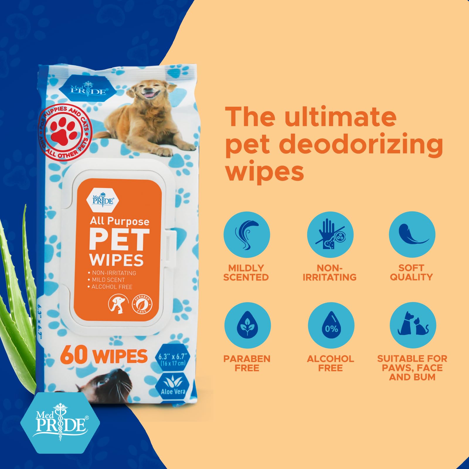 Med Pride Pet Wipes [12 Packs Of 60] For Cats Unscented Hypoallergenic Cat Cleansing Wet Wipes With Aloe Vera Alcohol And Parabe