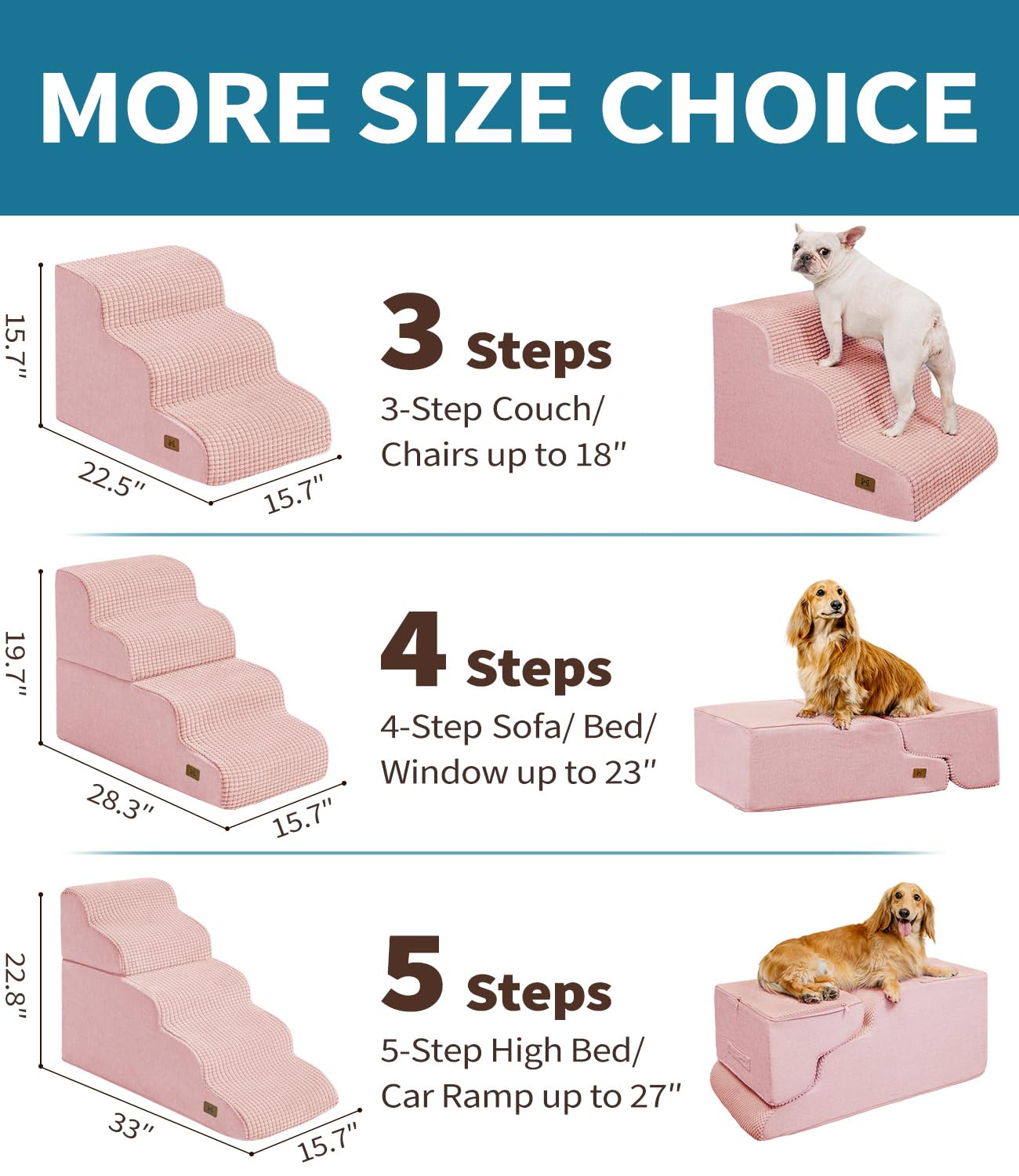 ABCPET Dog Step for Bed, Dog Stair 3-Step 35D Pet Stair 15.7 H for High Bed or Sofa Non-Slip Balanced Pet Step Indoor, Pink