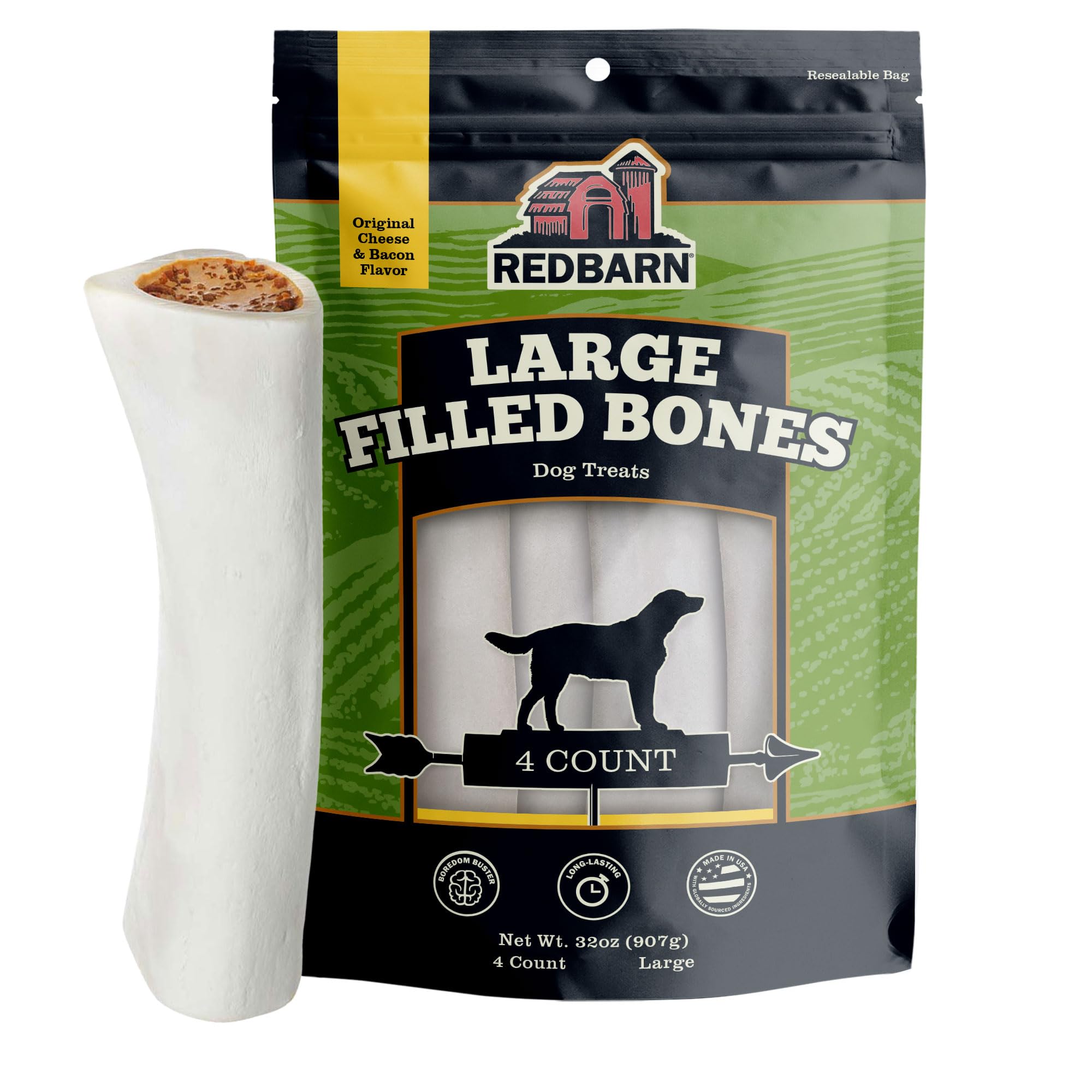 Redbarn Large Filled Dog Bones, Cheese & Bacon Flavor - Long Lasting Stuffed Femur Chew Treat Made in USA - 4 Count - Packaging 