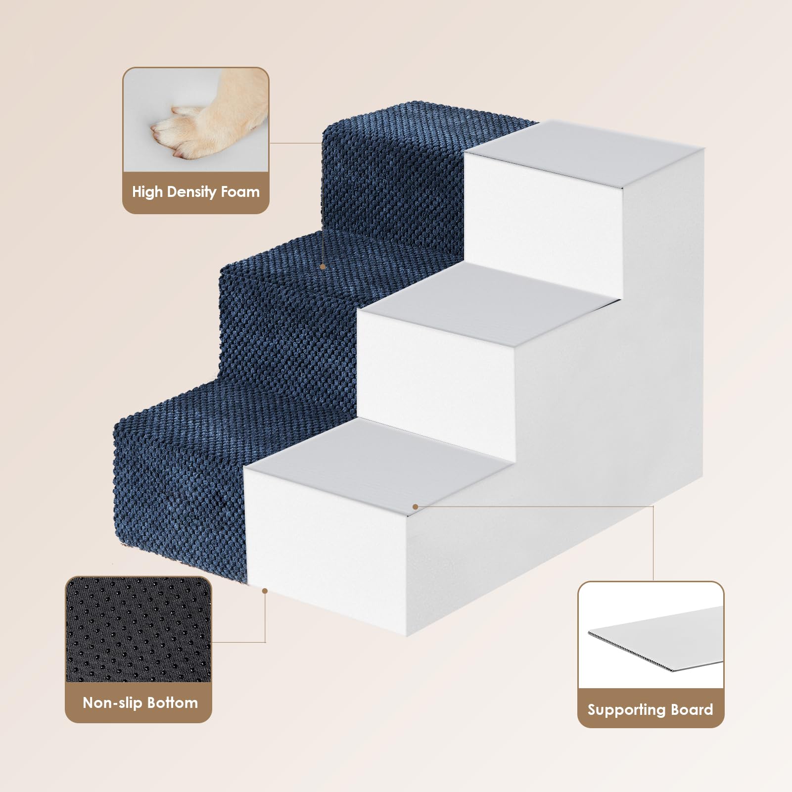 Eheyciga Dog Stairs For Small Dogs 13.5' H, 3-Step Dog Steps For Couch Sofa And Chair, Pet Steps For Small Dogs And Cats, Non-Slip Balanced Dog Indoor Ramp, Navy Blue