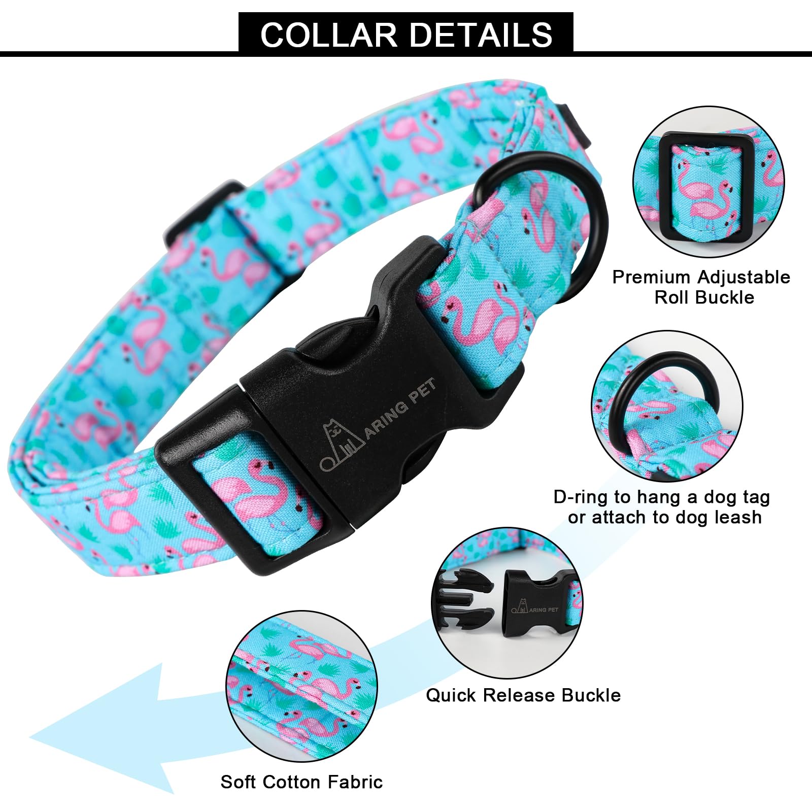 Aring Pet Flamingo Dog Collar-Cute Cotton Medium Dog Collars, Adjustable Lightweight Summer Pet Collars For Small Medium Large Boy And Girl Dogs, Medium