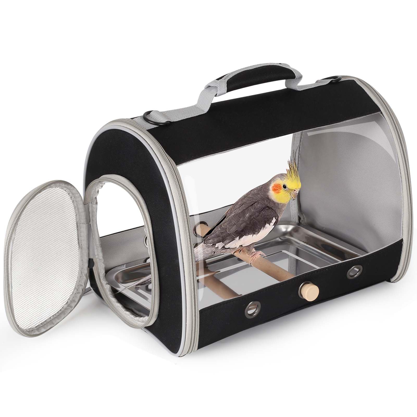 Bird Carrier, Portable Small Bird Cockatiel Conure Parrot Parakeet Carrier with Standing Perch and Stainless Steel Tray, Side Ac