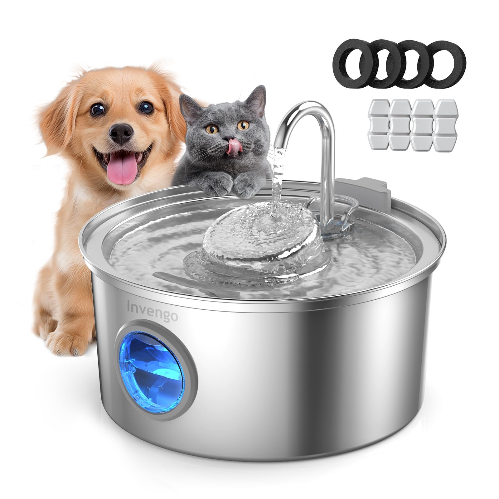 Invengo Cat Water Fountain Stainless Steel, 3.2L/108oz Pet Drinking Fountain for Cats Dogs, Automatic Cat Fountain with 2 Flow M