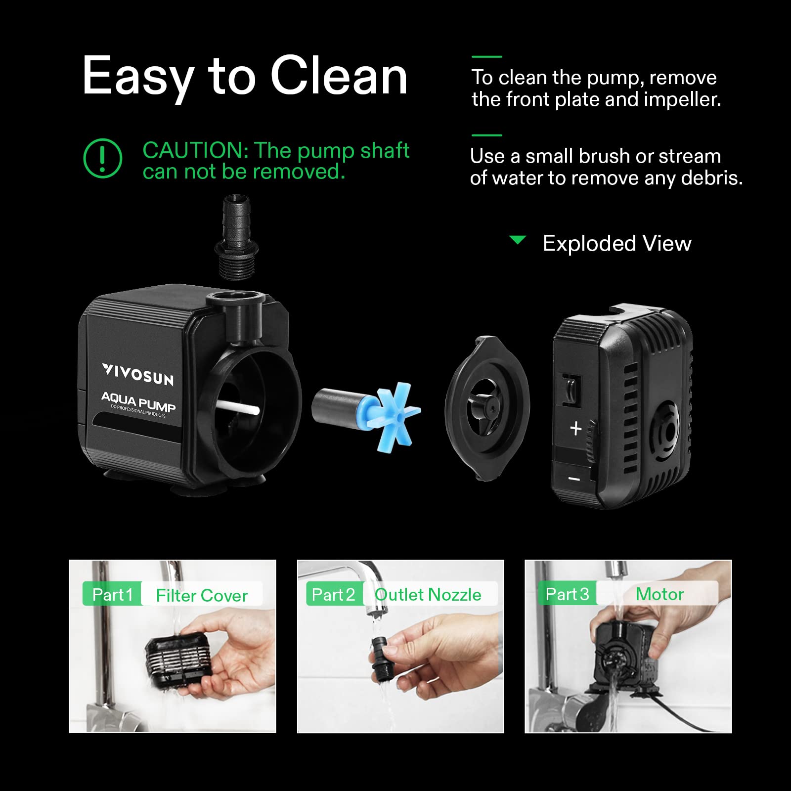 VIVOSUN 210GPH Submersible Pump(800L/H, 8W), Ultra Quiet Water Pump with 3.3ft High Lift, with 5ft Power Cord, 2 Nozzles for Fis