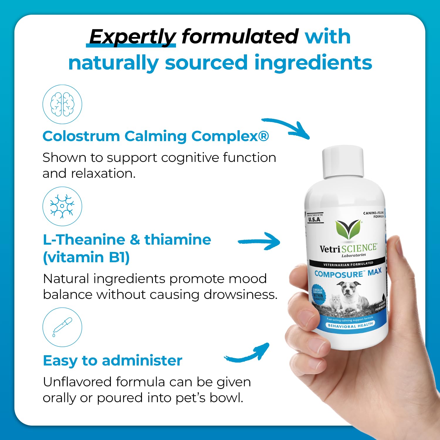 VetriScience Composure Max Liquid Formula - Clinically Proven Dog Calming and Cat Calming Supplement with Colostrum, L-Theanine