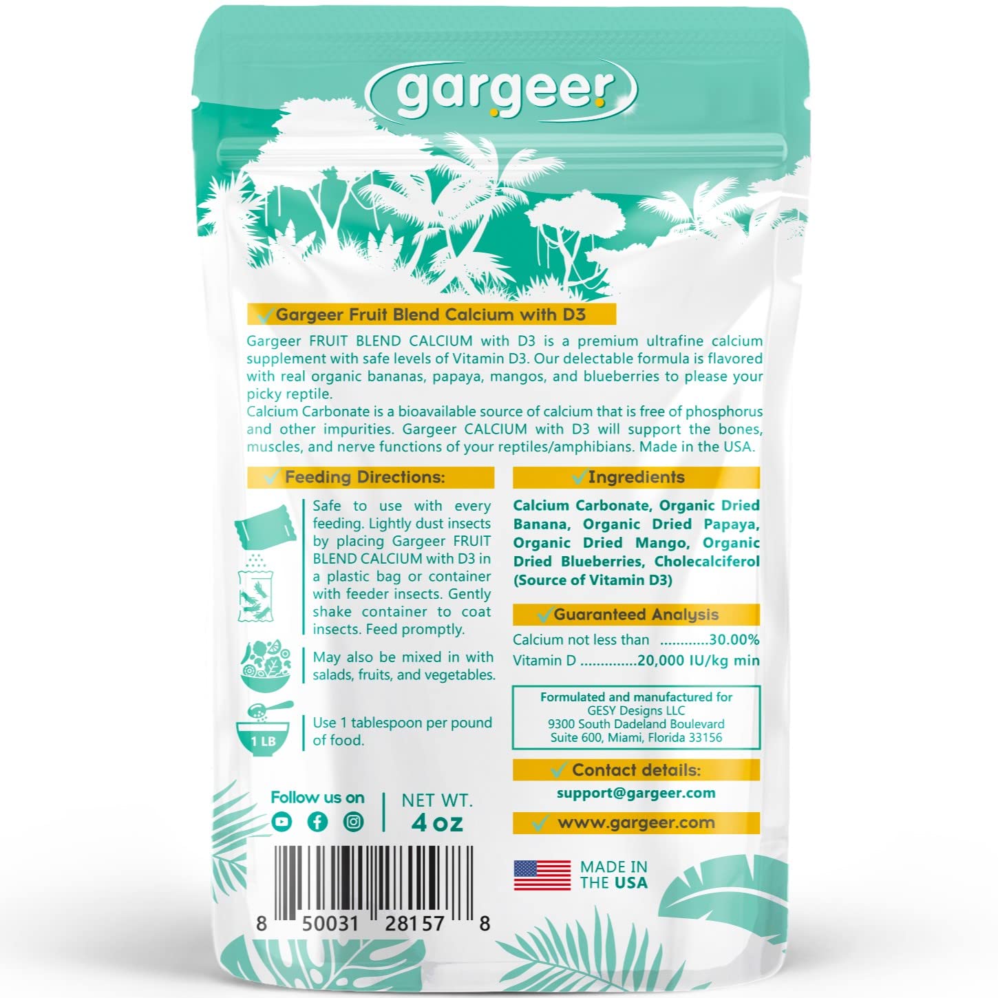 Gargeer 4oz All Reptile Calcium with Vitamin D3, Phosphorus-Free, Ultrafine Powder. Pure dust, Real Fruits Blend Flavored Ready