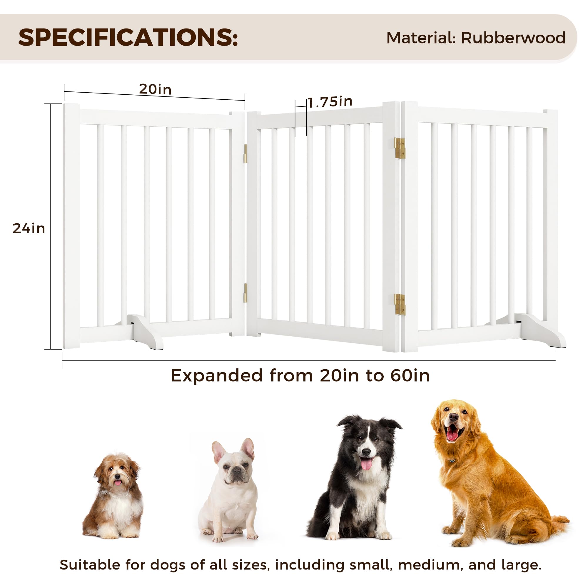 Solid Wood Freestanding Pet Gate - 3 Panels 24 - Folding Safety Fence with 2 Support Feet - Ideal for Stairs, Doorways, Halls, K